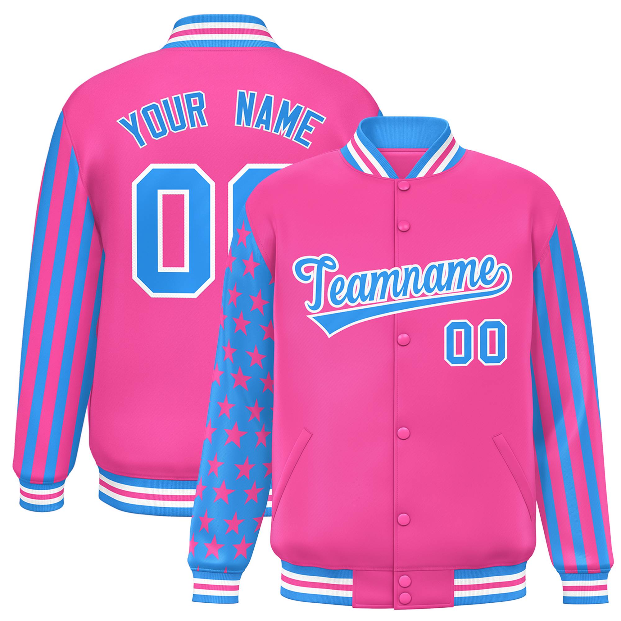 Custom Pink Powder Blue American Flag Varsity Full-Snap Authentic Raglan Sleeves Letterman Bomber Jacket