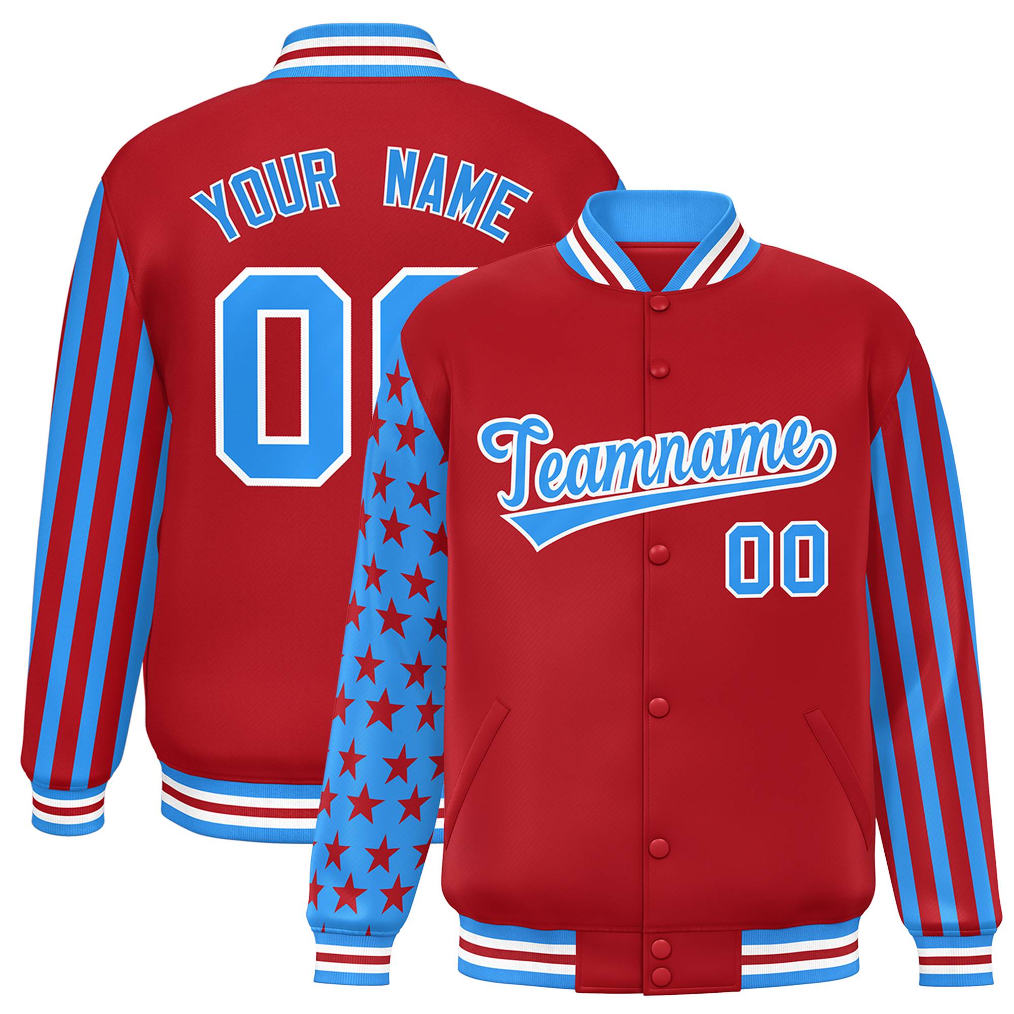 Custom Red Powder Blue American Flag Varsity Full-Snap Authentic Raglan Sleeves Letterman Bomber Jacket