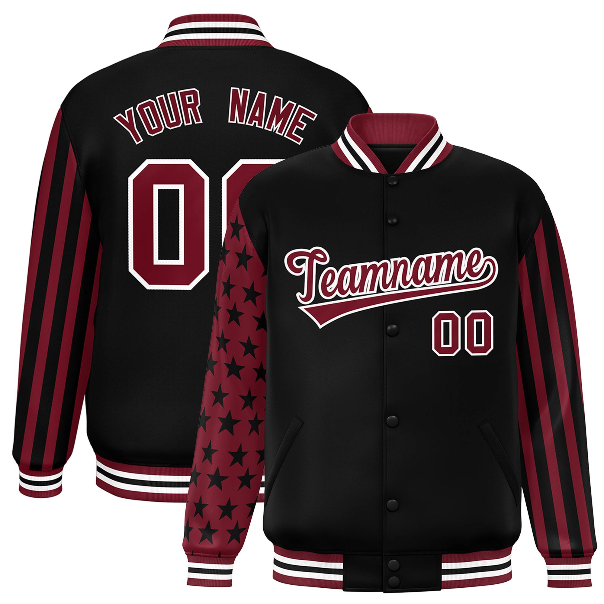 Custom Black Crimson American Flag Varsity Full-Snap Authentic Raglan Sleeves Letterman Bomber Jacket