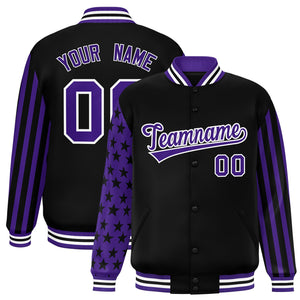 Custom Black Purple American Flag Varsity Full-Snap Authentic Raglan Sleeves Letterman Bomber Jacket