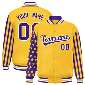 Custom Gold Purple American Flag Varsity Full-Snap Authentic Raglan Sleeves Letterman Bomber Jacket