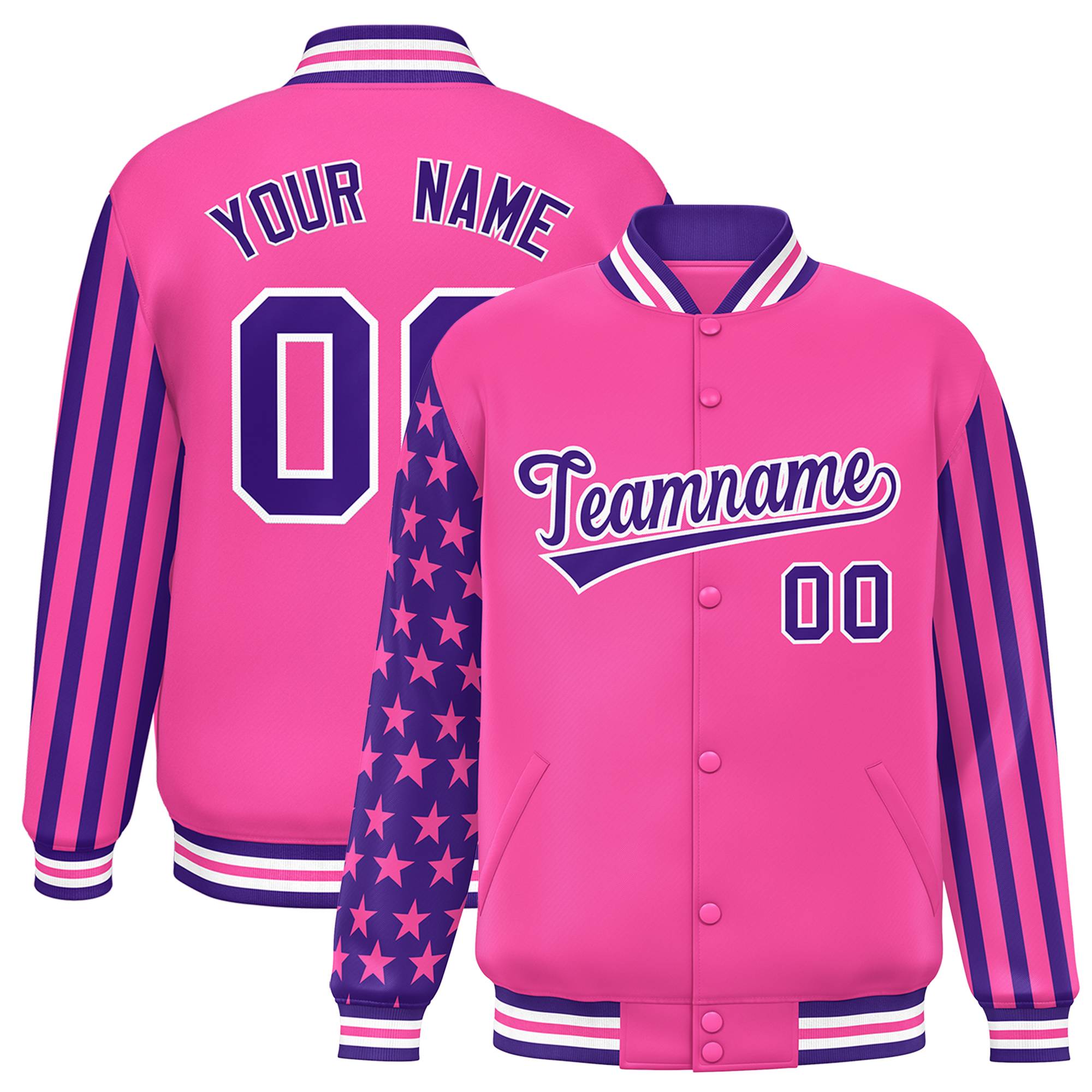 Custom Pink Purple American Flag Varsity Full-Snap Authentic Raglan Sleeves Letterman Bomber Jacket