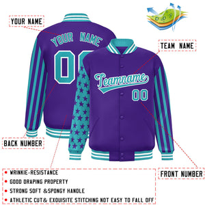 Custom Purple Aqua American Flag Varsity Full-Snap Authentic Raglan Sleeves Letterman Bomber Jacket