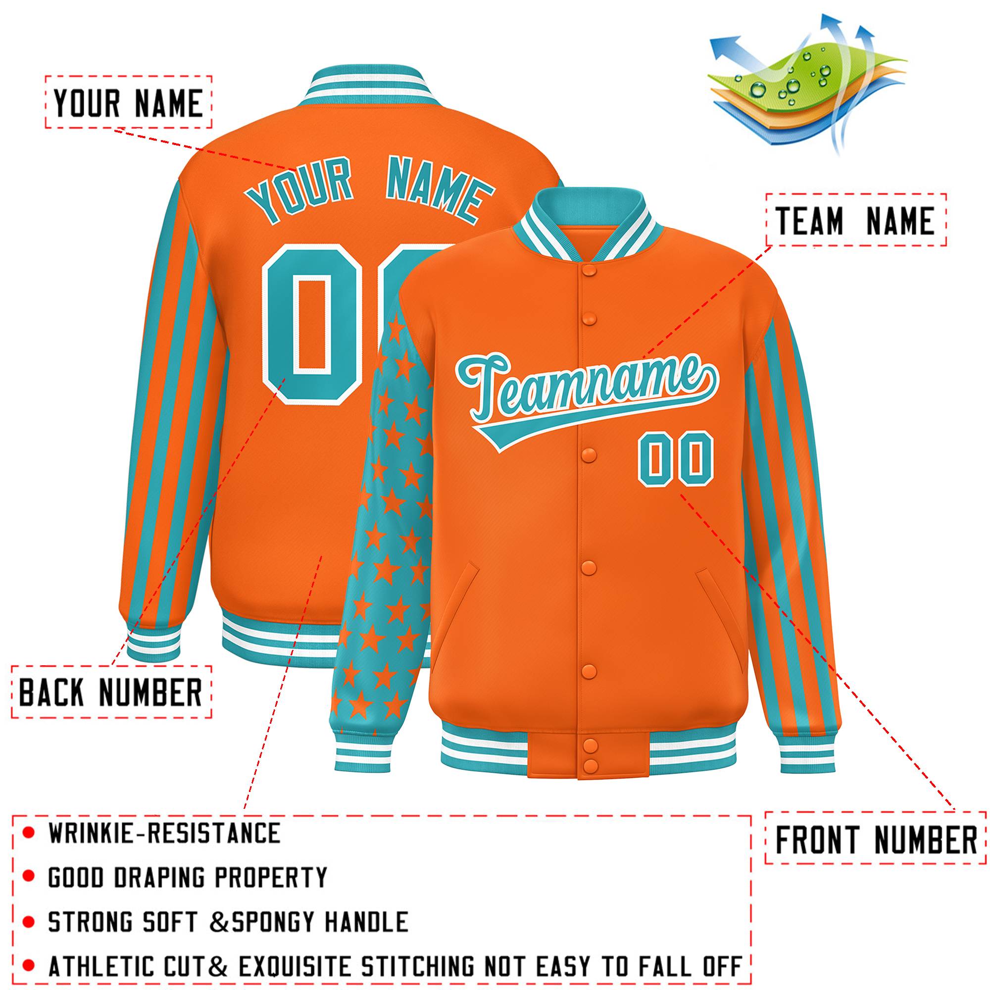 Custom Orange Aqua American Flag Varsity Full-Snap Authentic Raglan Sleeves Letterman Bomber Jacket