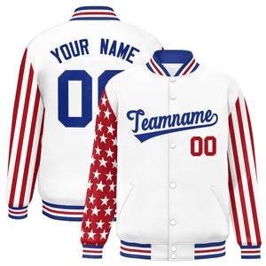 Custom White Red American Flag Varsity Full-Snap Authentic Raglan Sleeves Letterman Bomber Jacket