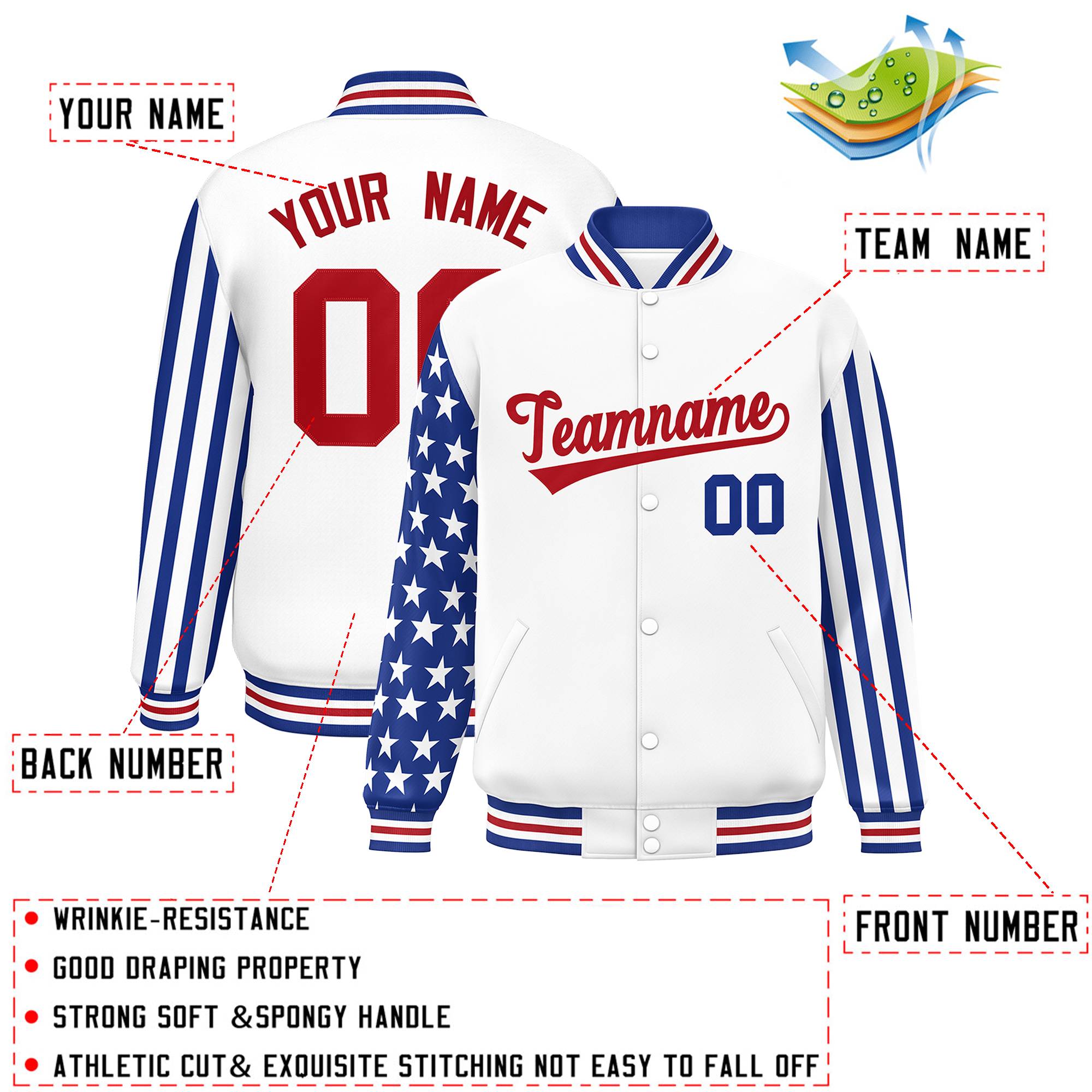 Custom White Royal American Flag Varsity Full-Snap Authentic Raglan Sleeves Letterman Bomber Jacket