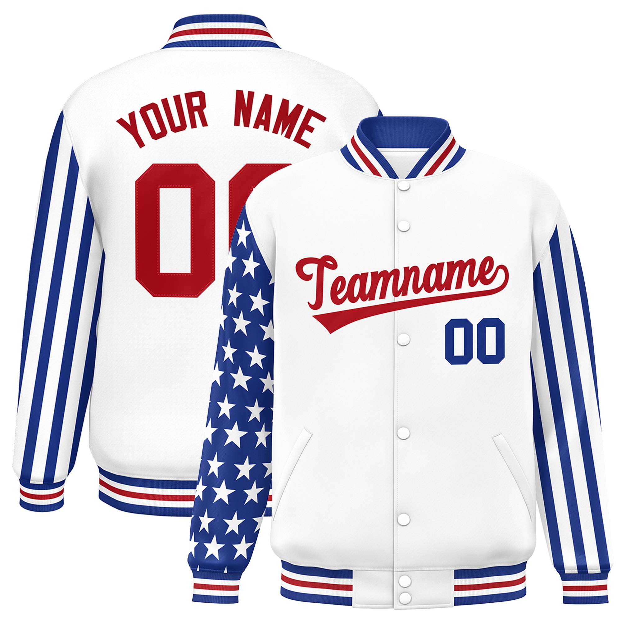 Custom White Royal American Flag Varsity Full-Snap Authentic Raglan Sleeves Letterman Bomber Jacket