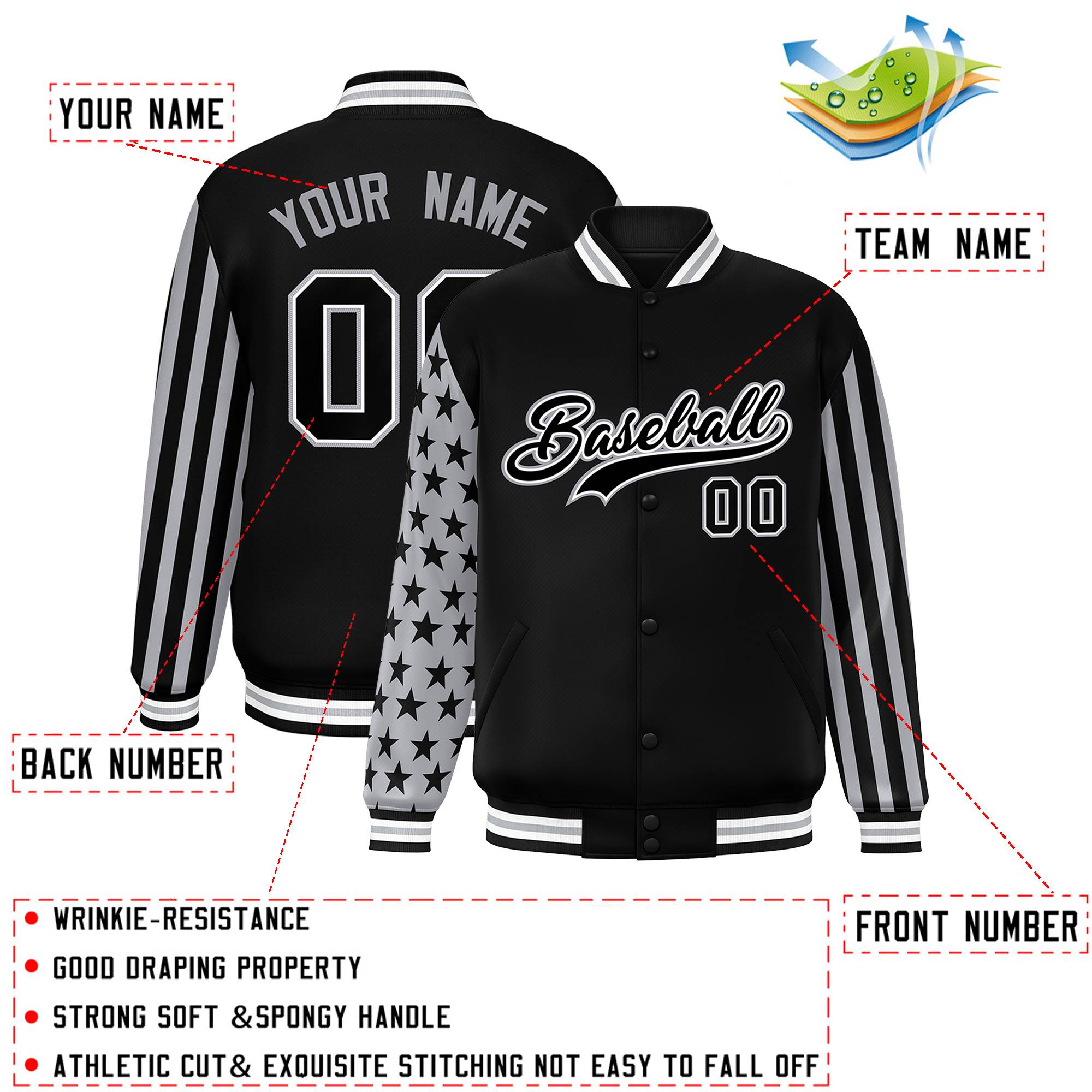 Custom Black American Flag Varsity Full-Snap Authentic Raglan Sleeves Letterman Bomber Jacket