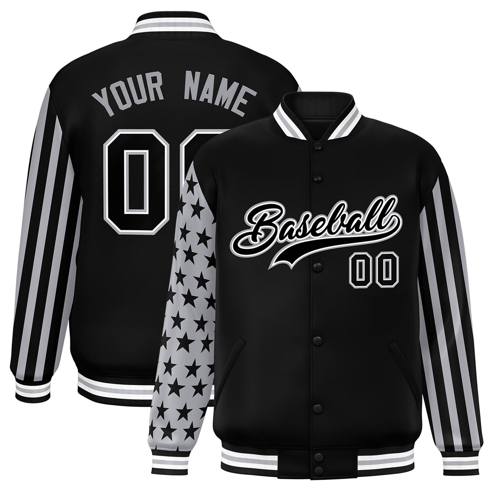 Custom Black American Flag Varsity Full-Snap Authentic Raglan Sleeves Letterman Bomber Jacket