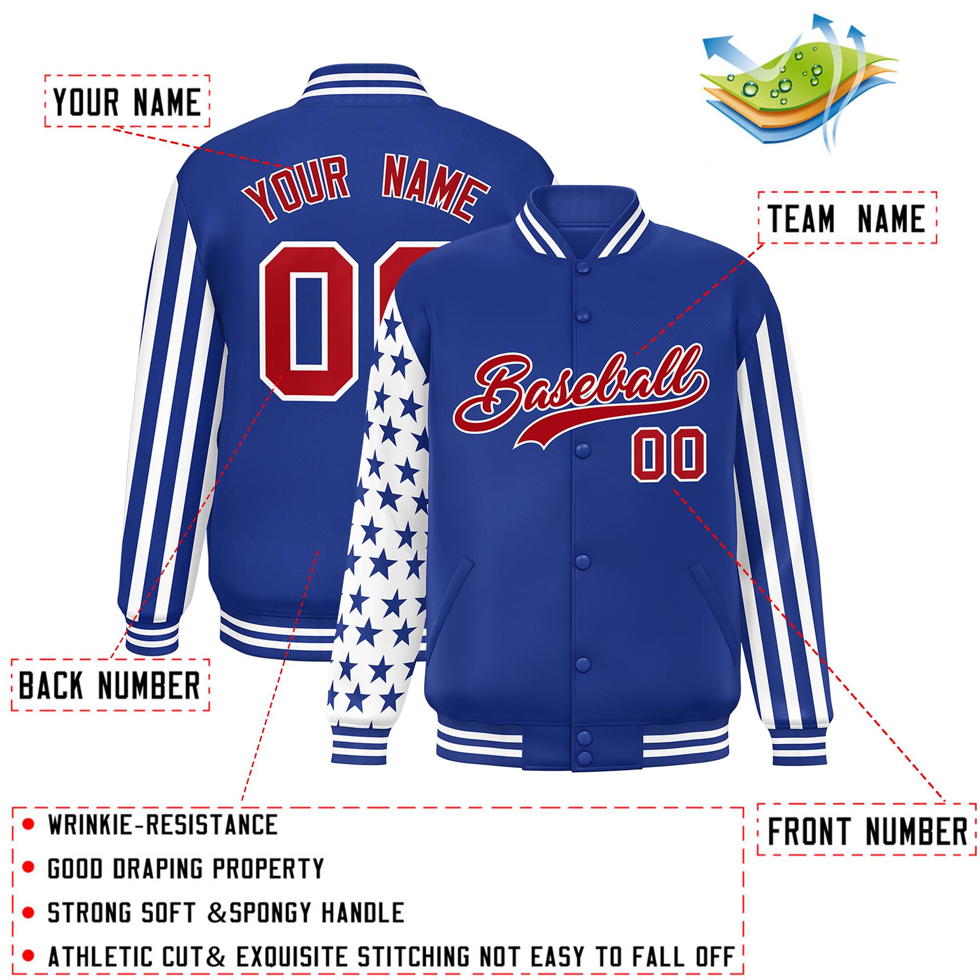 Custom Royal American Flag Varsity Full-Snap Authentic Raglan Sleeves Letterman Bomber Jacket