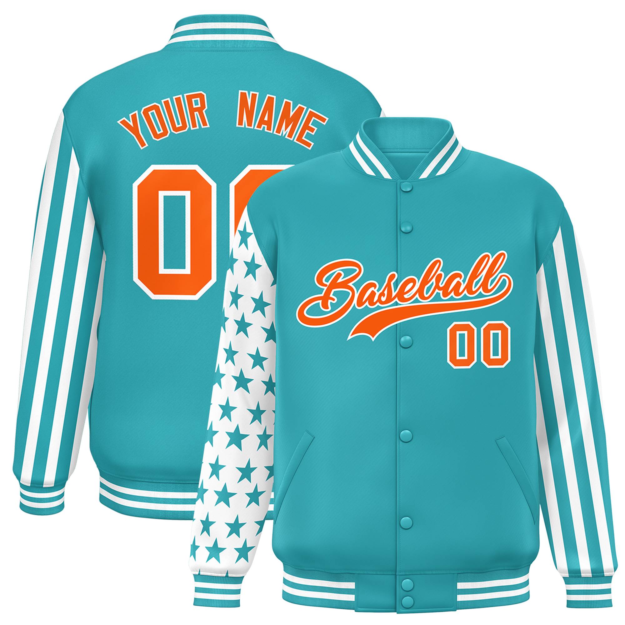 Custom Aqua American Flag Varsity Full-Snap Authentic Raglan Sleeves Letterman Bomber Jacket