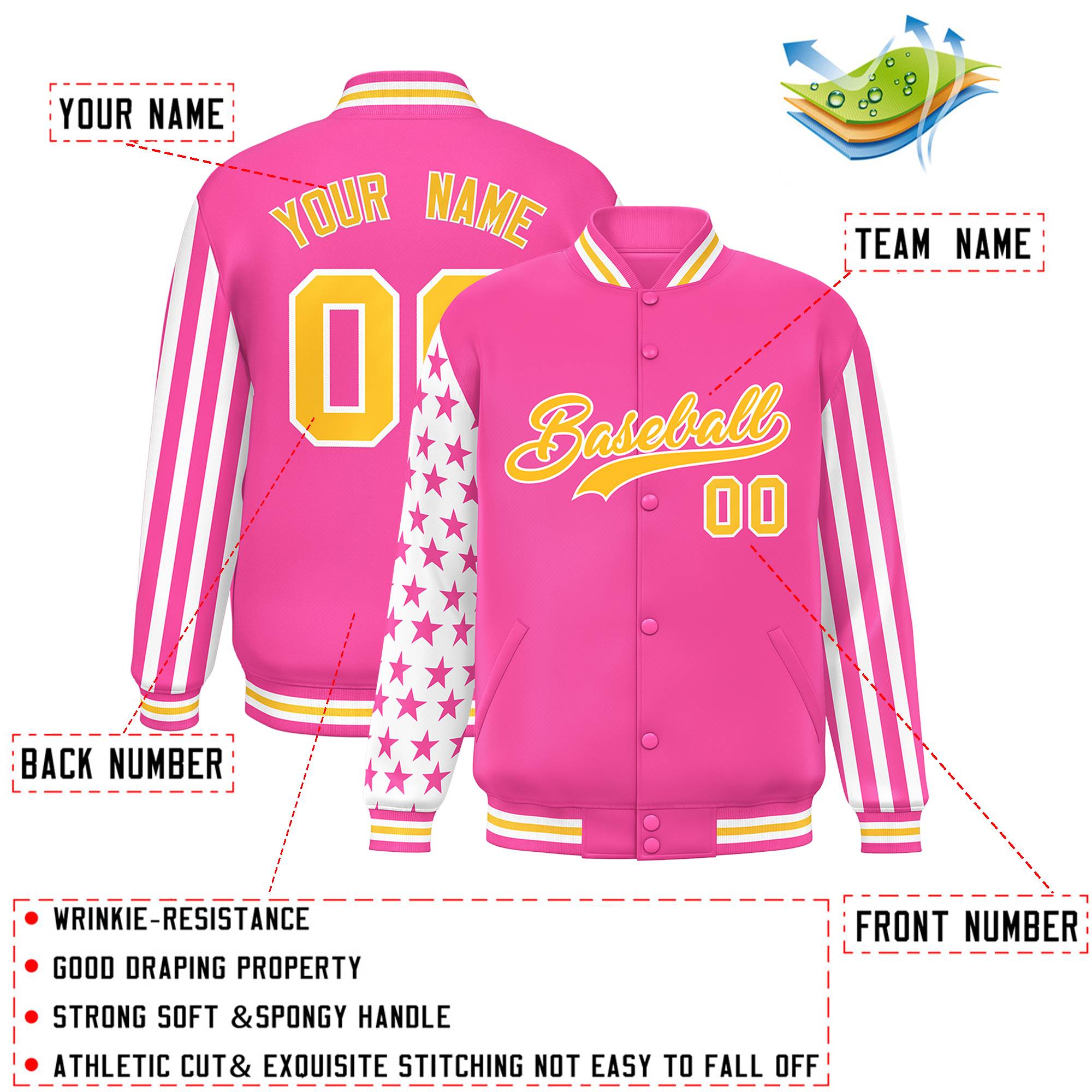 Custom Pink American Flag Varsity Full-Snap Authentic Raglan Sleeves Letterman Bomber Jacket