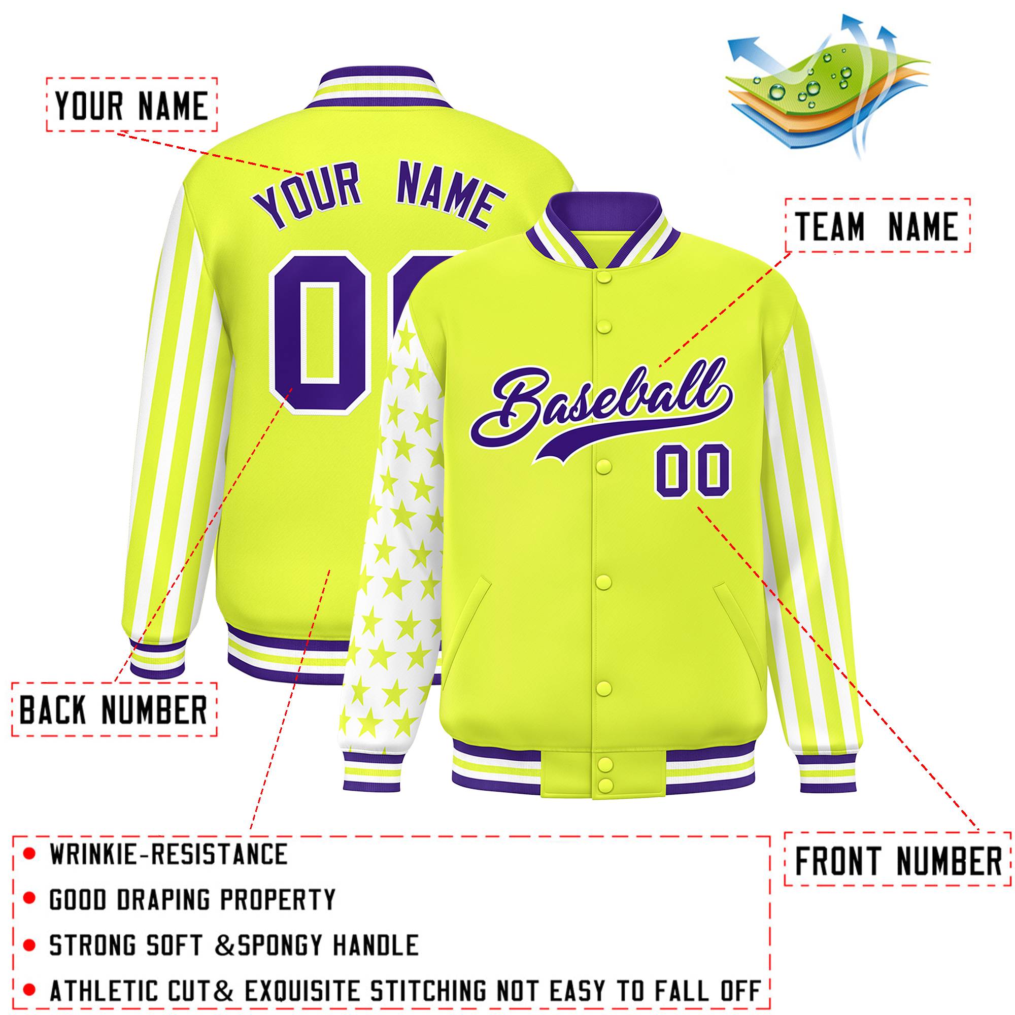 Custom Green American Flag Varsity Full-Snap Authentic Raglan Sleeves Letterman Bomber Jacket