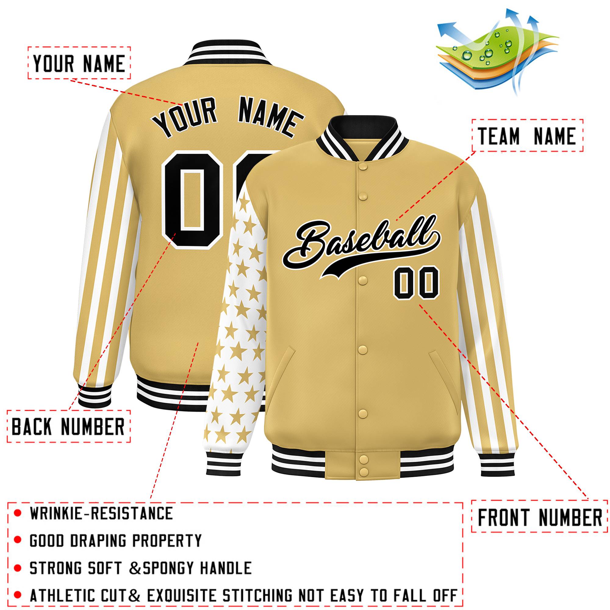 Custom Khaki American Flag Varsity Full-Snap Authentic Raglan Sleeves Letterman Bomber Jacket