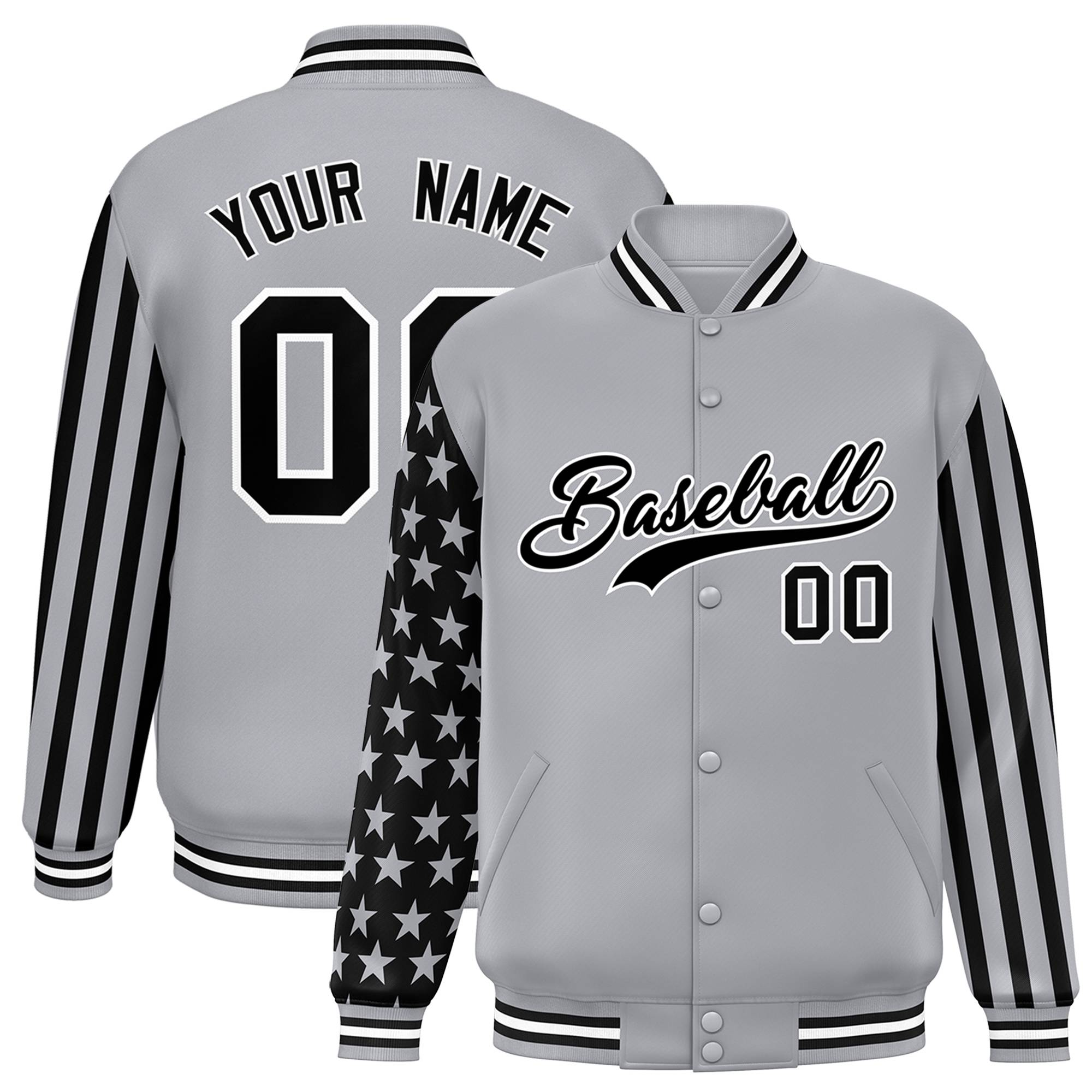 Custom Gray American Flag Varsity Full-Snap Authentic Raglan Sleeves Letterman Bomber Jacket