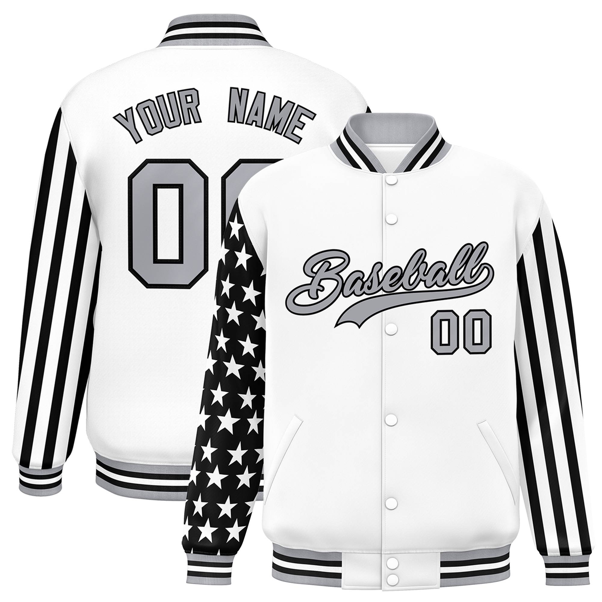 Custom White American Flag Varsity Full-Snap Authentic Raglan Sleeves Letterman Bomber Jacket