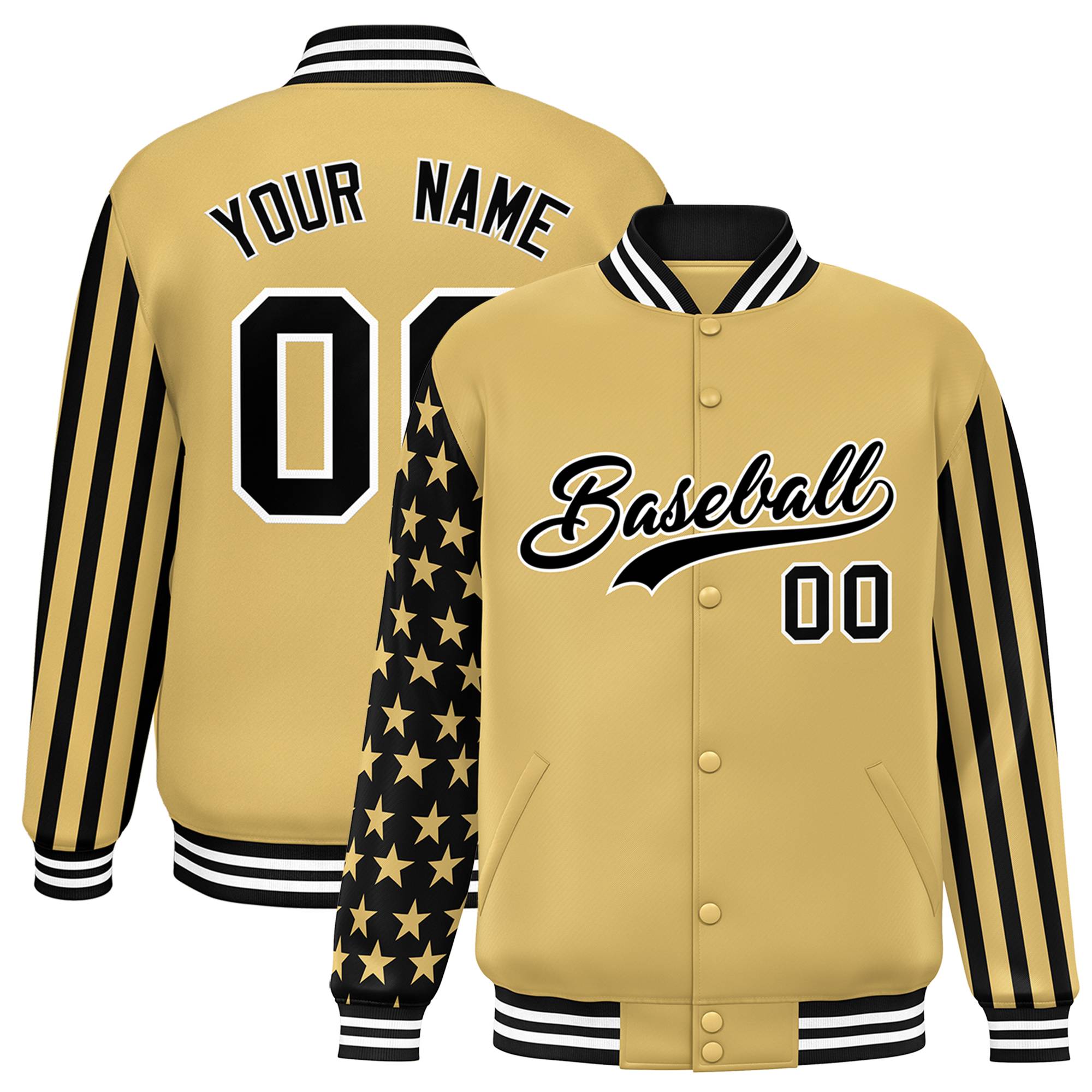 Custom Khaki American Flag Varsity Full-Snap Authentic Raglan Sleeves Letterman Bomber Jacket