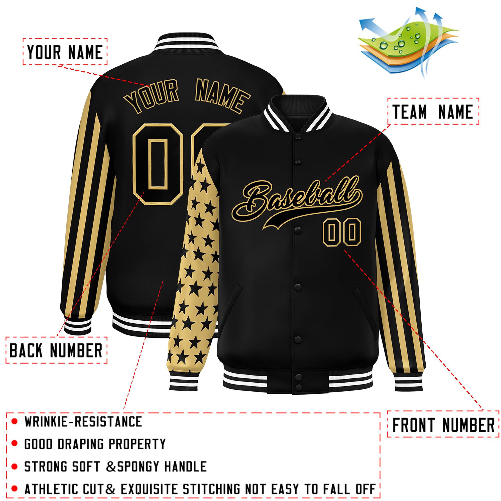 Custom Black American Flag Varsity Full-Snap Authentic Raglan Sleeves Letterman Bomber Jacket