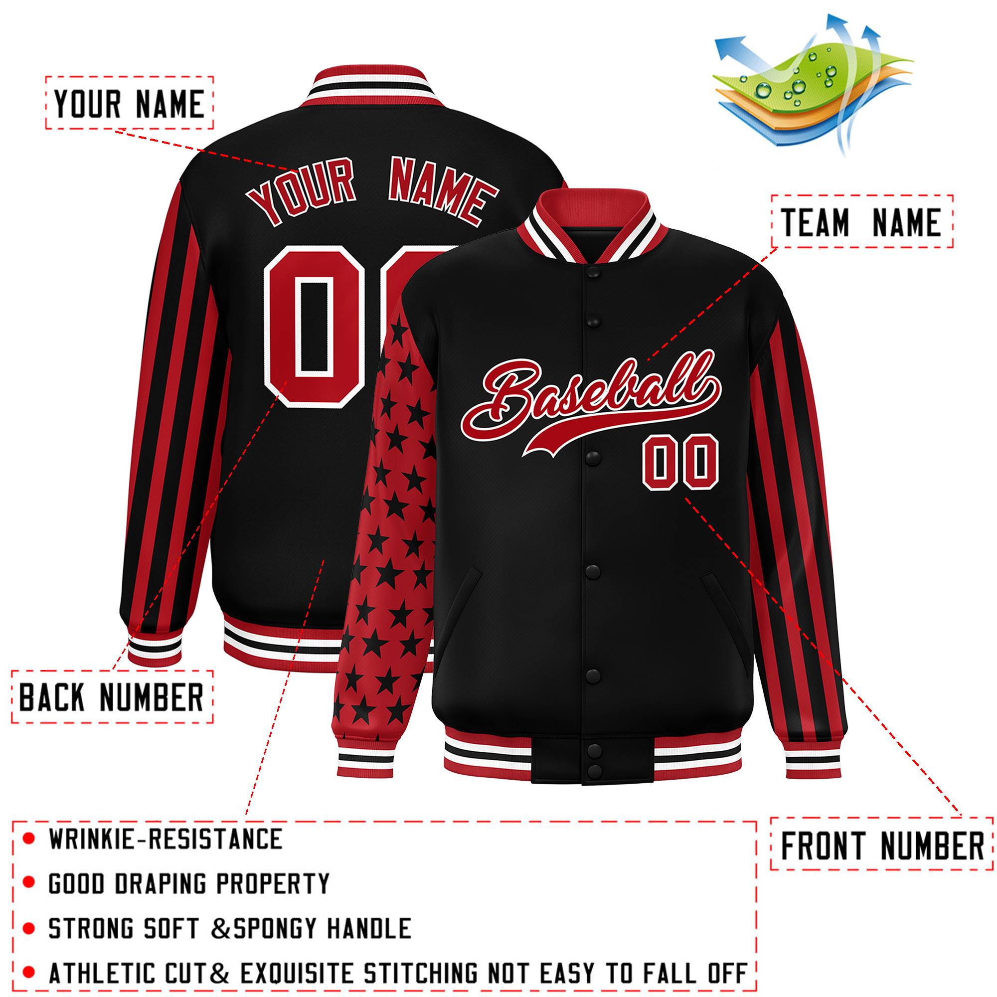 Custom Black American Flag Varsity Full-Snap Authentic Raglan Sleeves Letterman Bomber Jacket