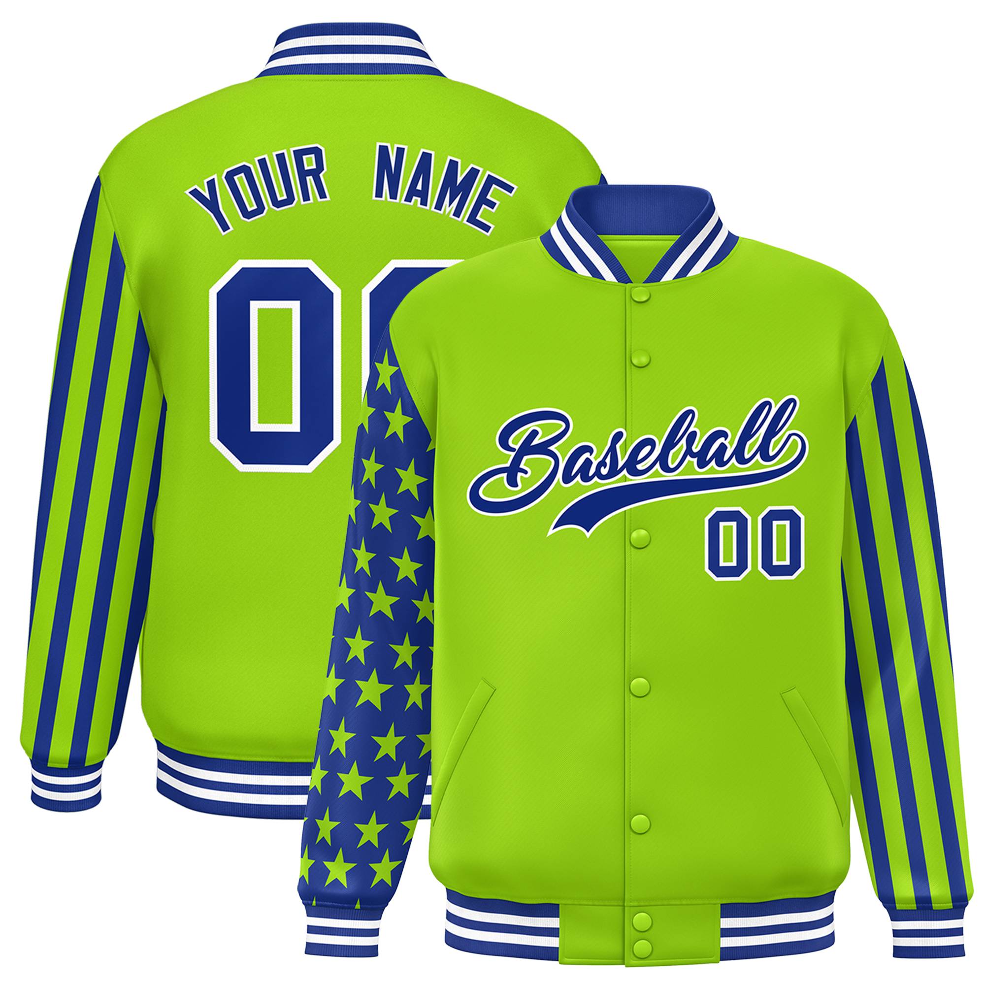 Custom Neon Green American Flag Varsity Full-Snap Authentic Raglan Sleeves Letterman Bomber Jacket