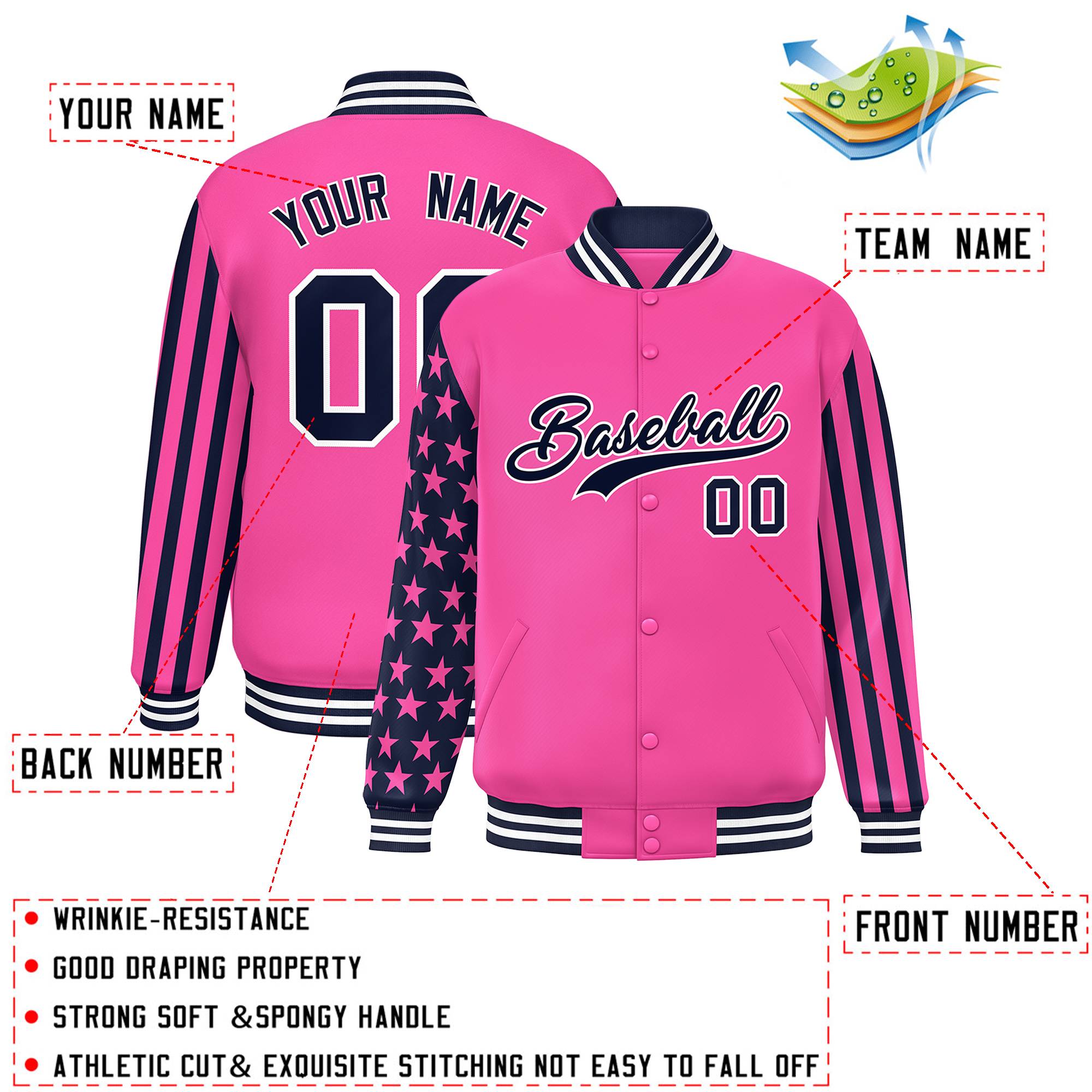 Custom Pink American Flag Varsity Full-Snap Authentic Raglan Sleeves Letterman Bomber Jacket