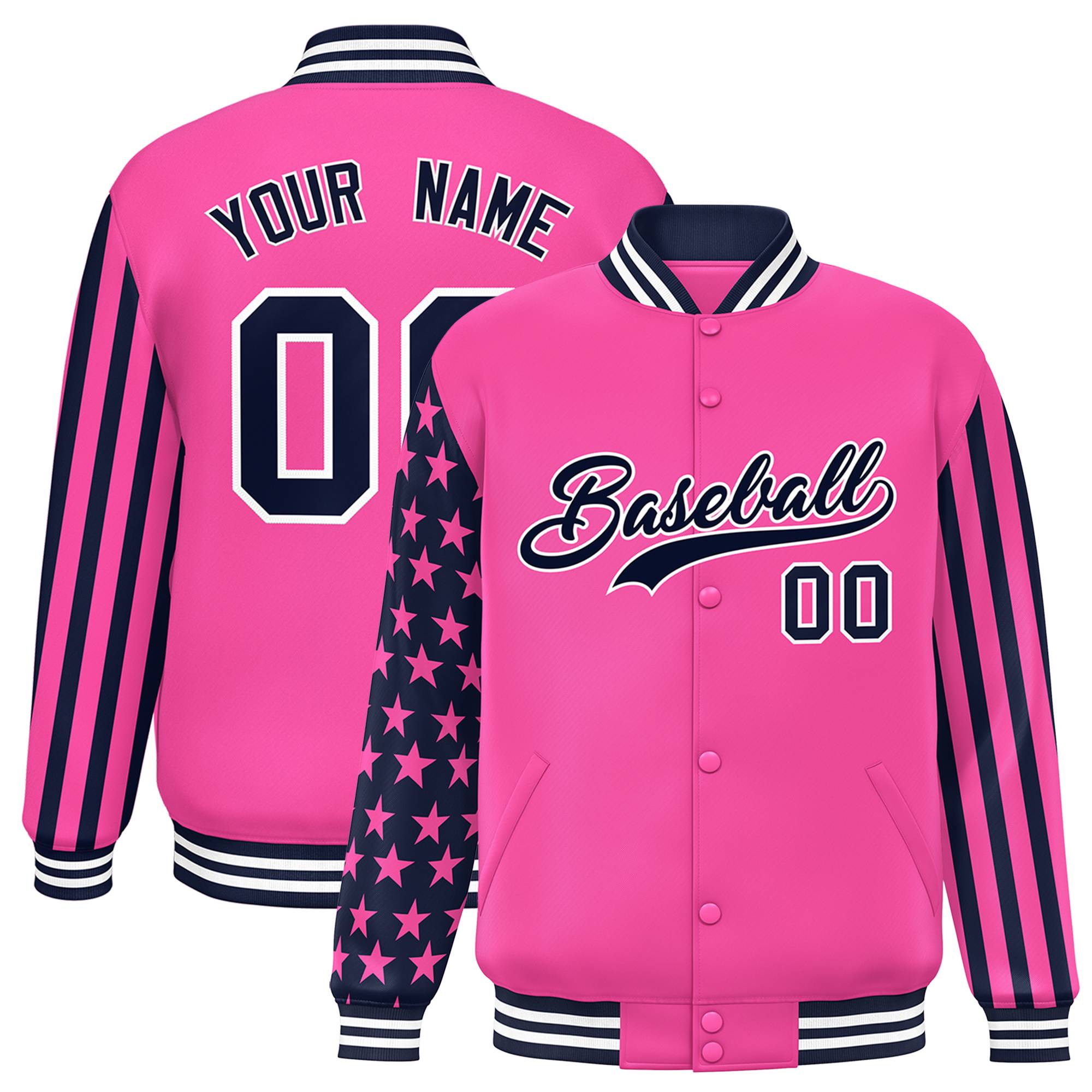 Custom Pink American Flag Varsity Full-Snap Authentic Raglan Sleeves Letterman Bomber Jacket