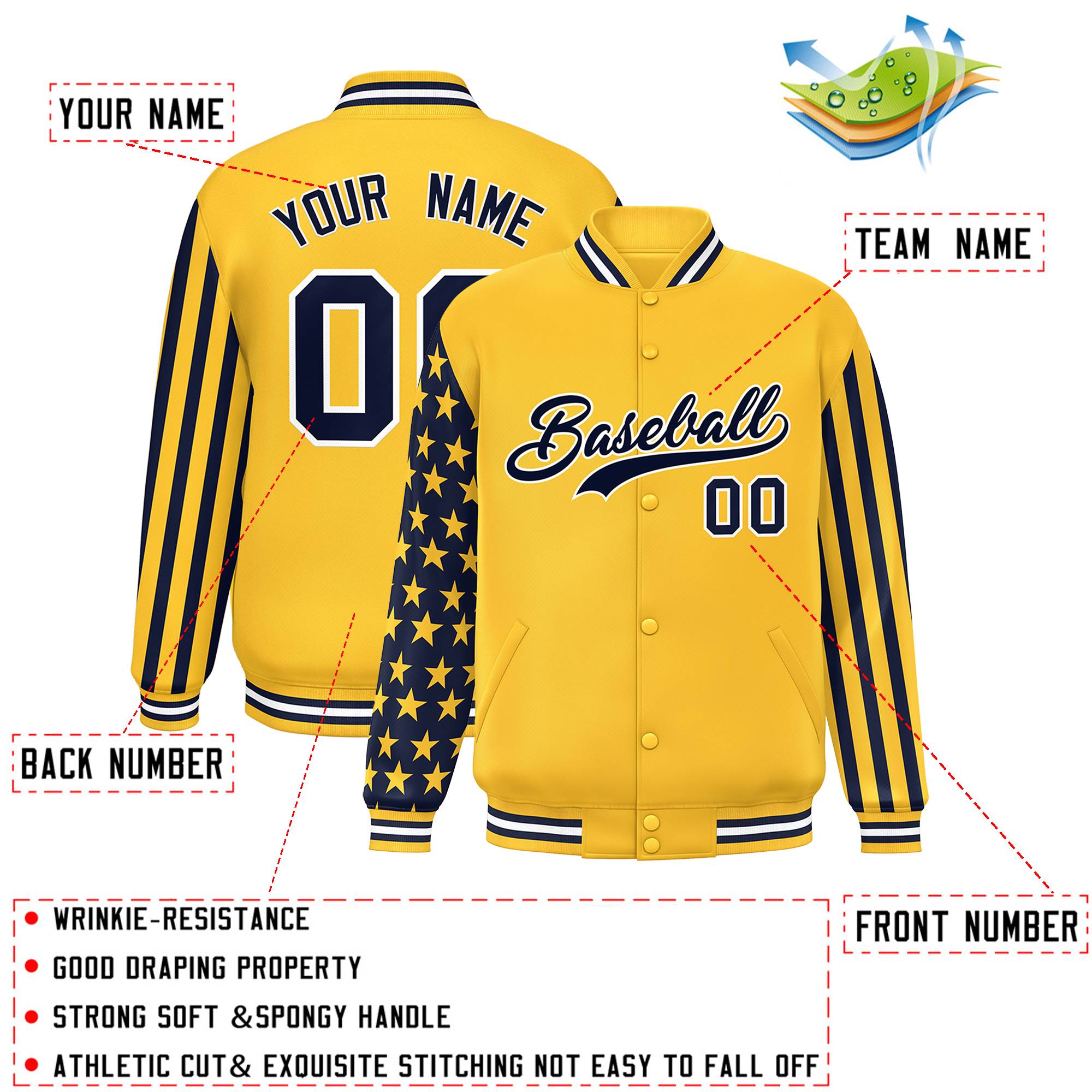 Custom Gold American Flag Varsity Full-Snap Authentic Raglan Sleeves Letterman Bomber Jacket