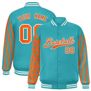 Custom Aqua American Flag Varsity Full-Snap Authentic Raglan Sleeves Letterman Bomber Jacket