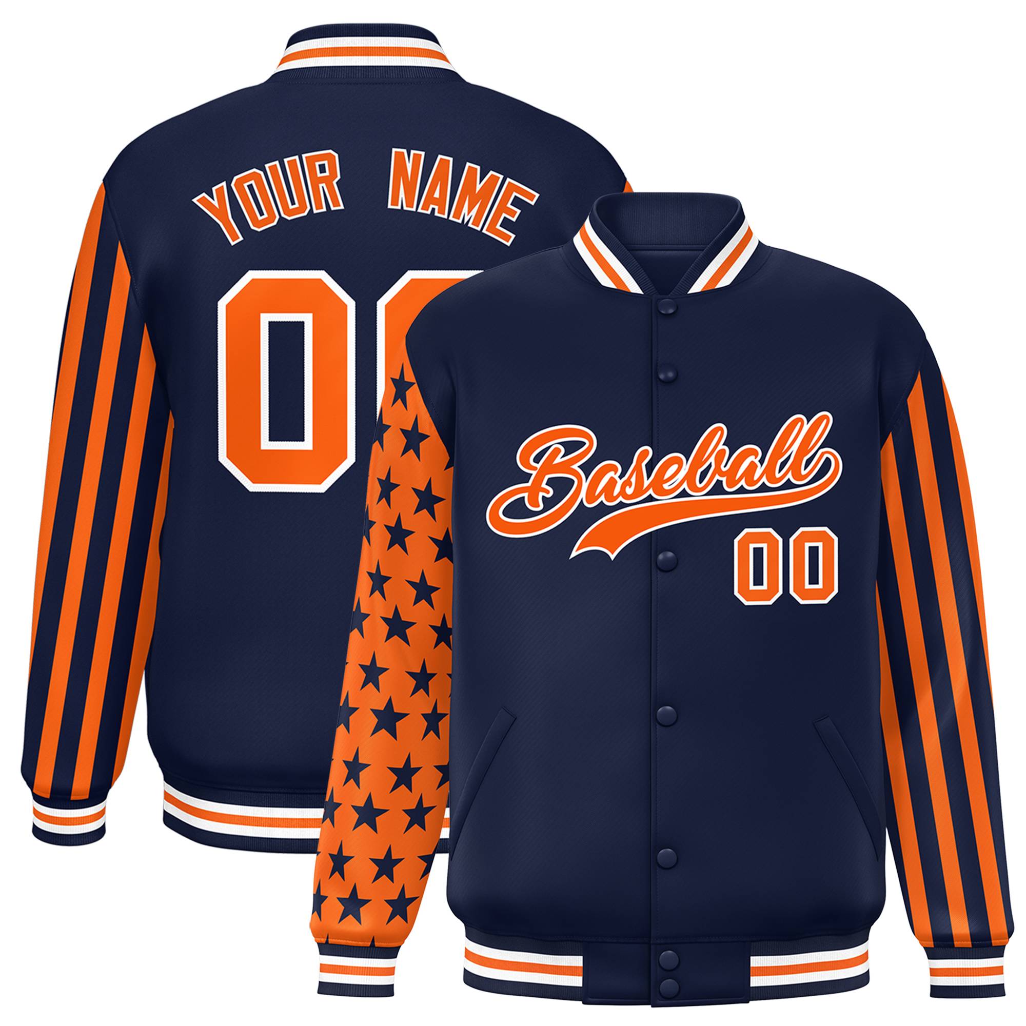 Custom Navy American Flag Varsity Full-Snap Authentic Raglan Sleeves Letterman Bomber Jacket