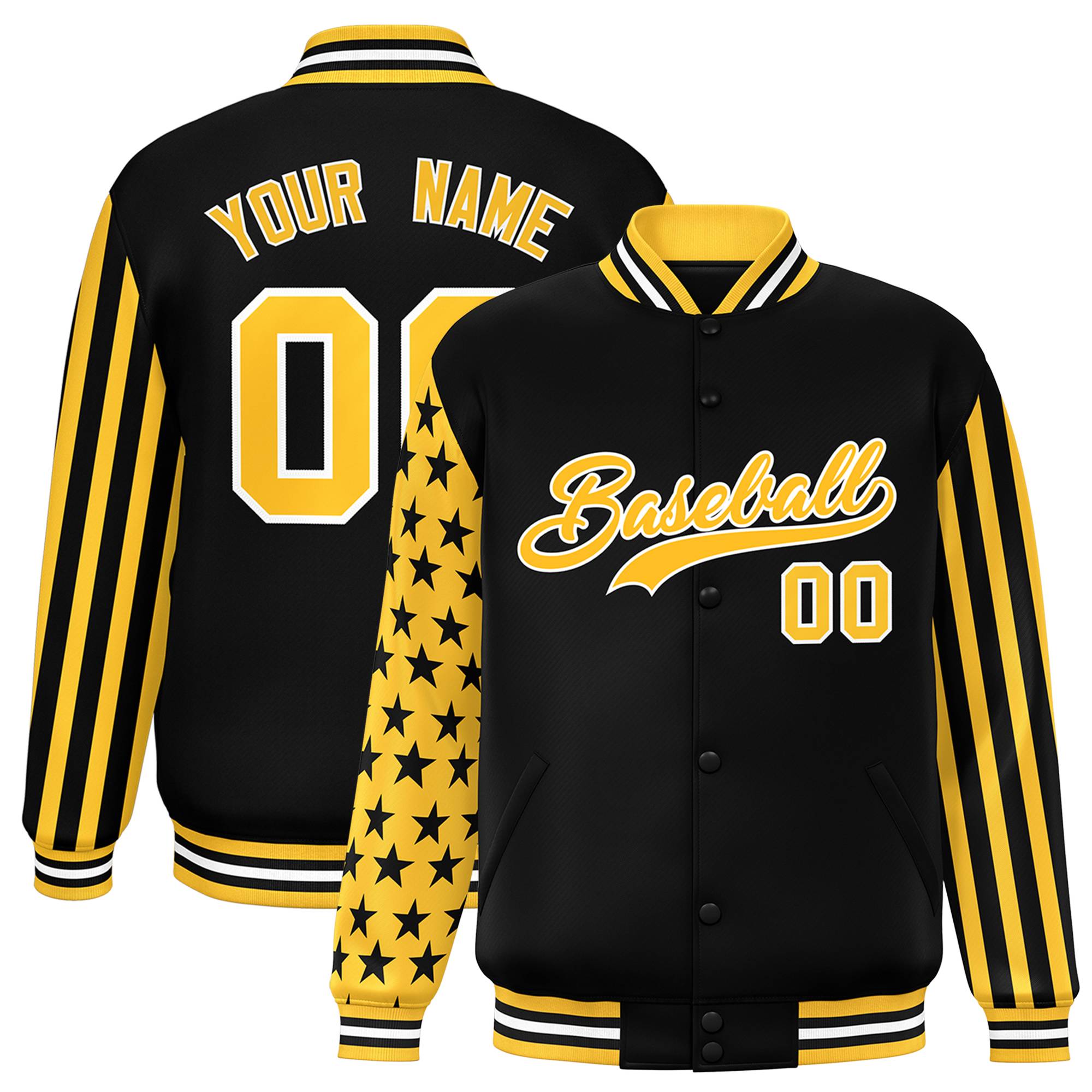 Custom Black American Flag Varsity Full-Snap Authentic Raglan Sleeves Letterman Bomber Jacket