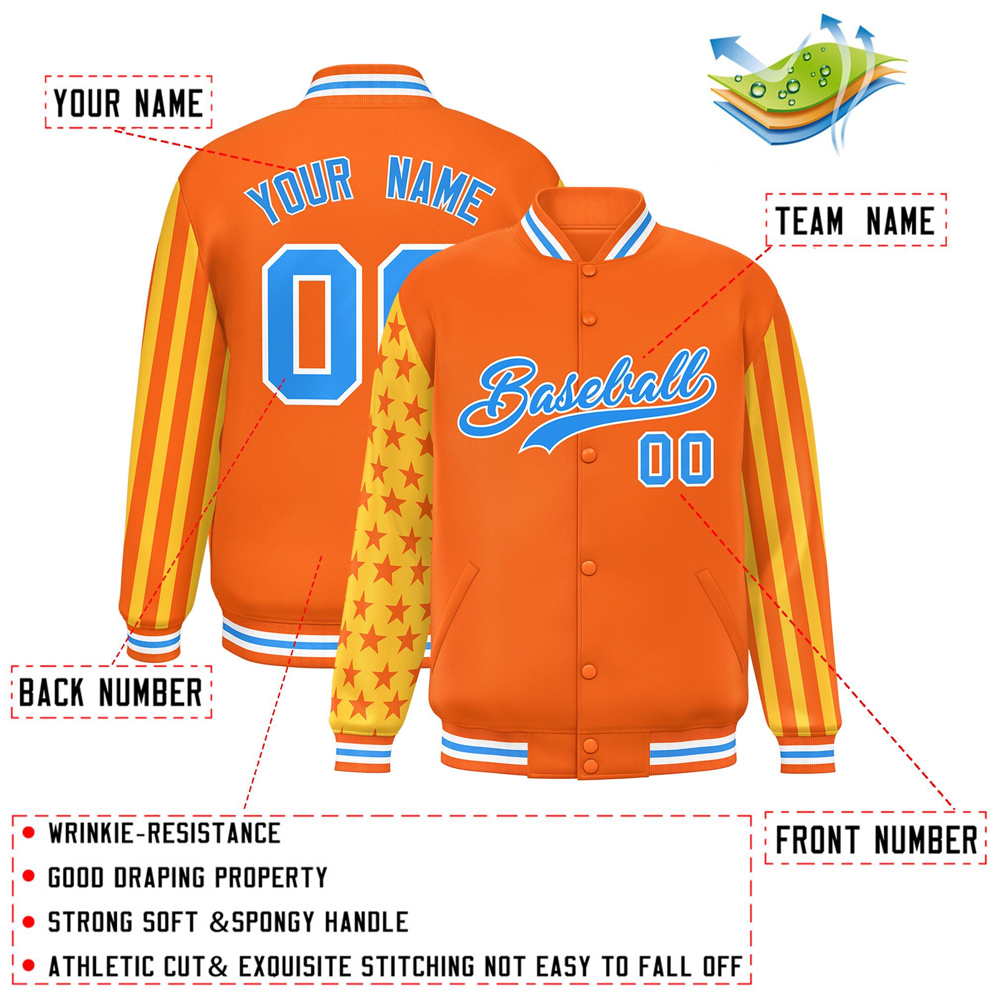 Custom Orange American Flag Varsity Full-Snap Authentic Raglan Sleeves Letterman Bomber Jacket