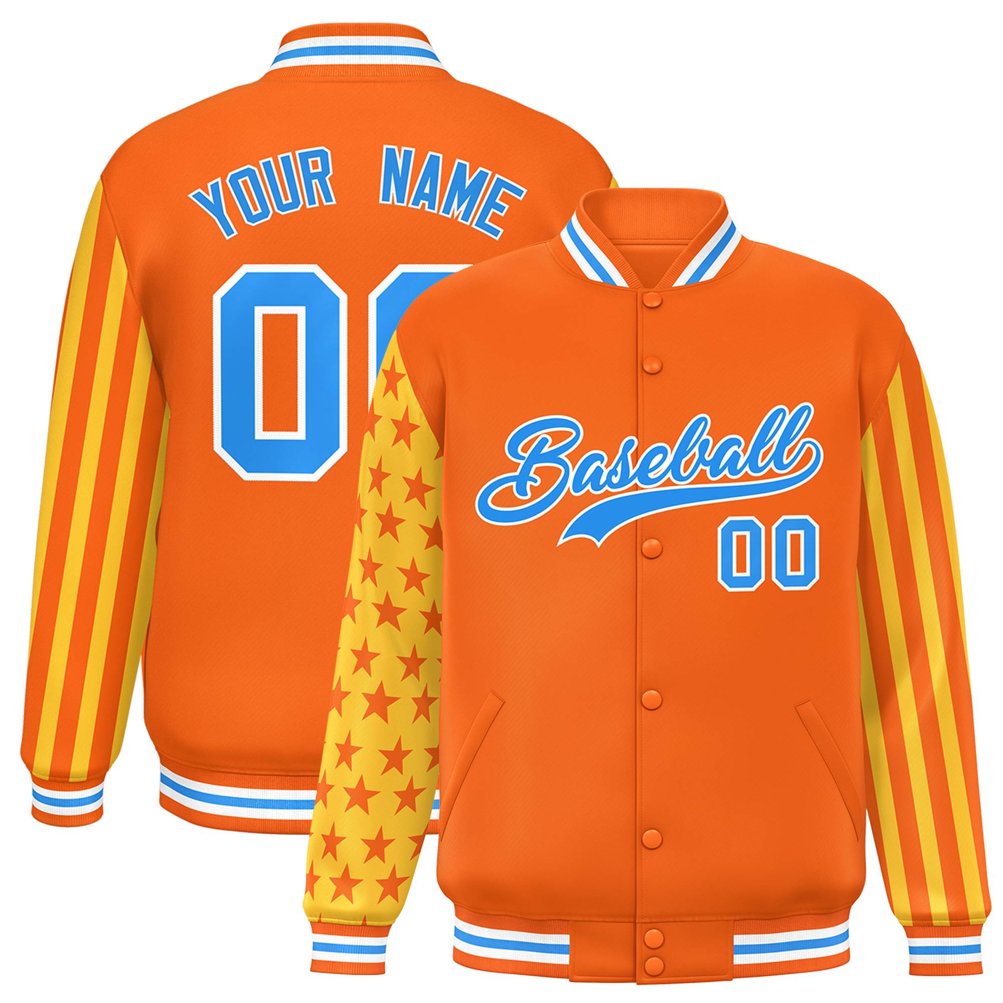 Custom Orange American Flag Varsity Full-Snap Authentic Raglan Sleeves Letterman Bomber Jacket