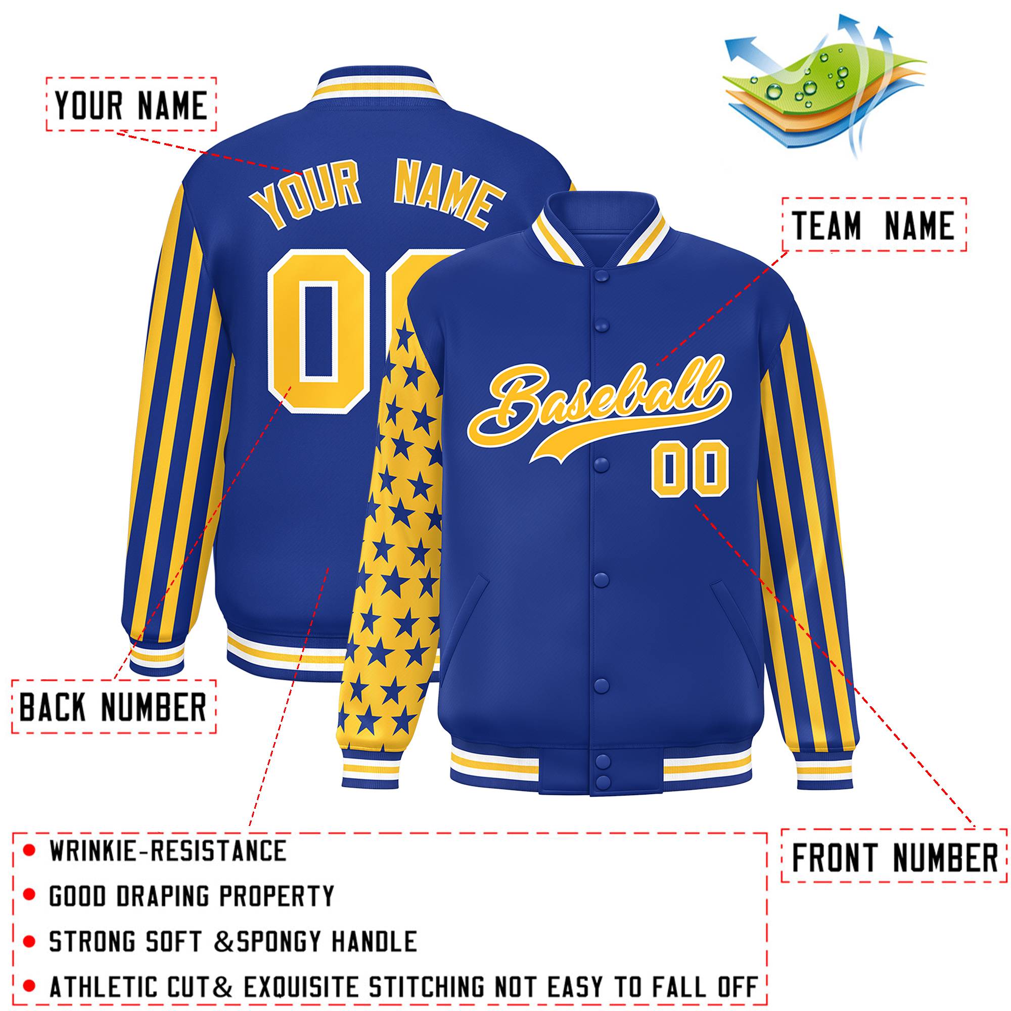 Custom Royal American Flag Varsity Full-Snap Authentic Raglan Sleeves Letterman Bomber Jacket