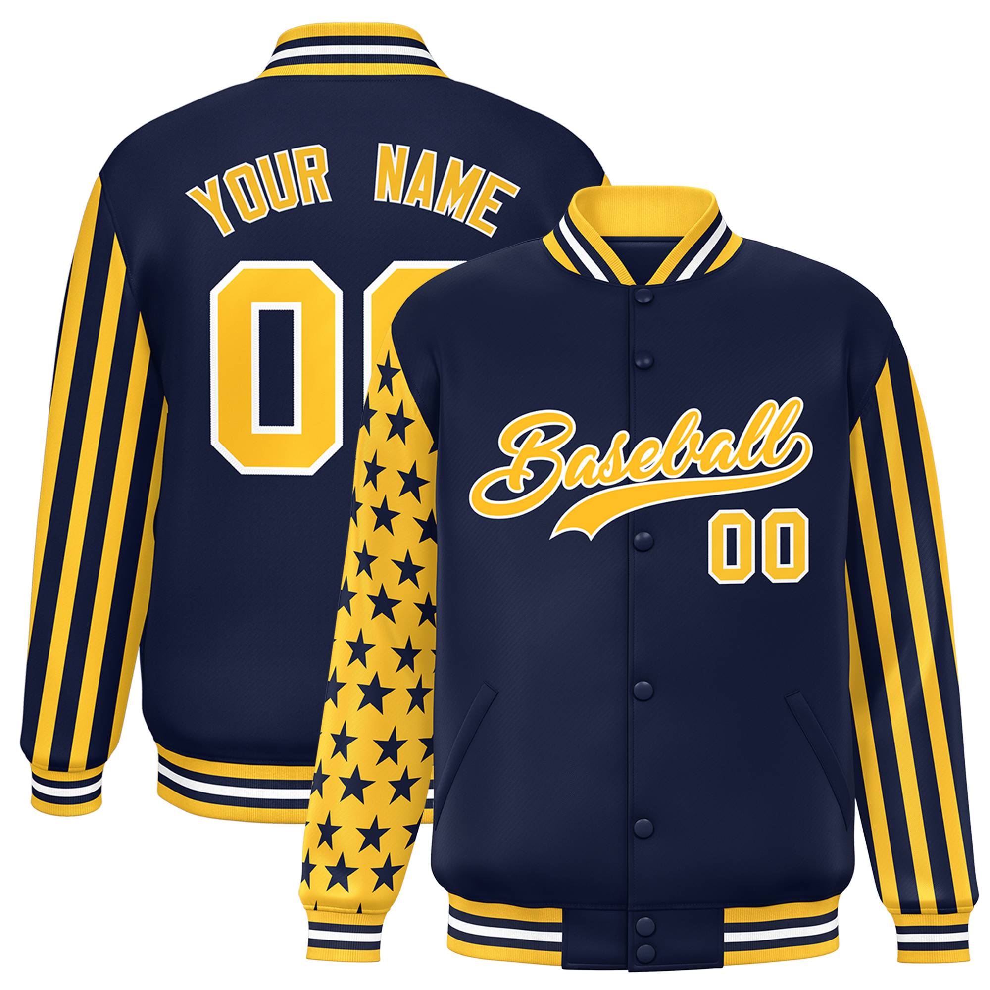 Custom Navy American Flag Varsity Full-Snap Authentic Raglan Sleeves Letterman Bomber Jacket