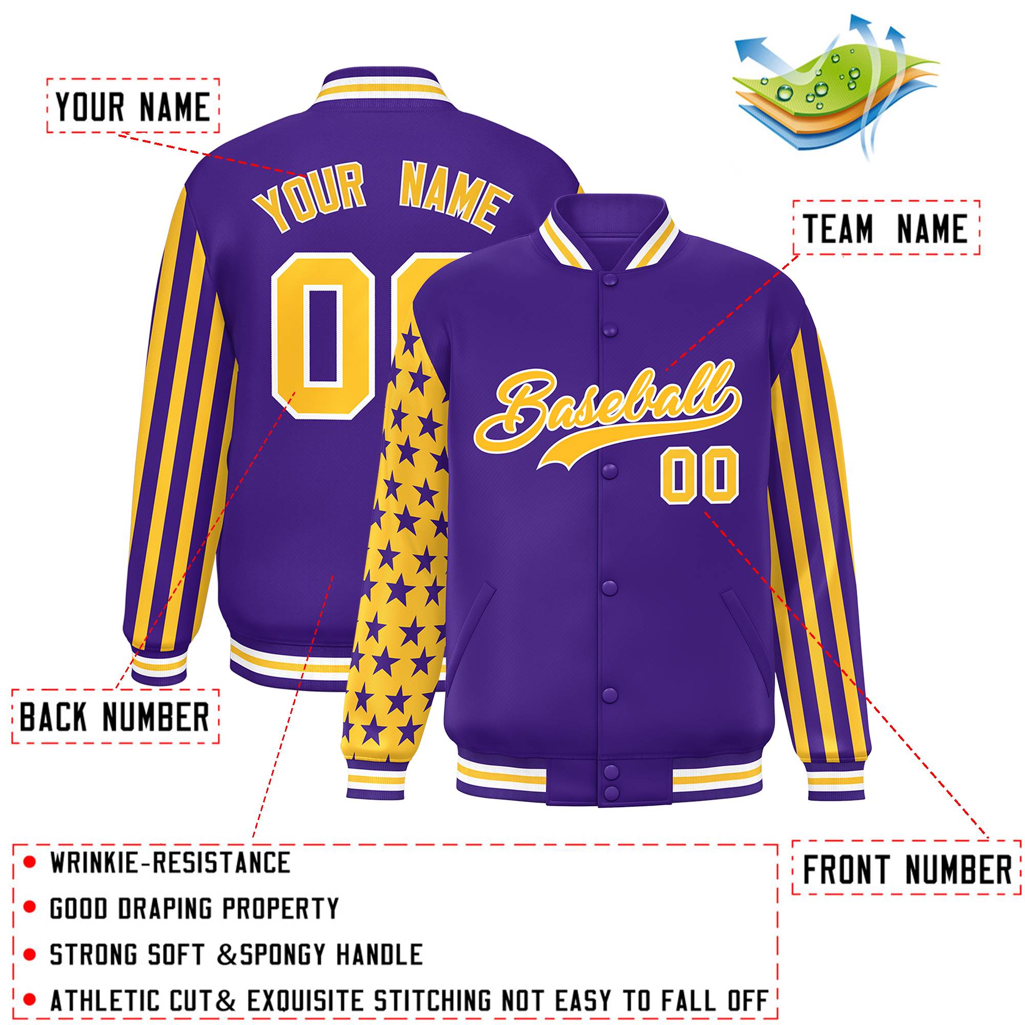 Custom Purple American Flag Varsity Full-Snap Authentic Raglan Sleeves Letterman Bomber Jacket