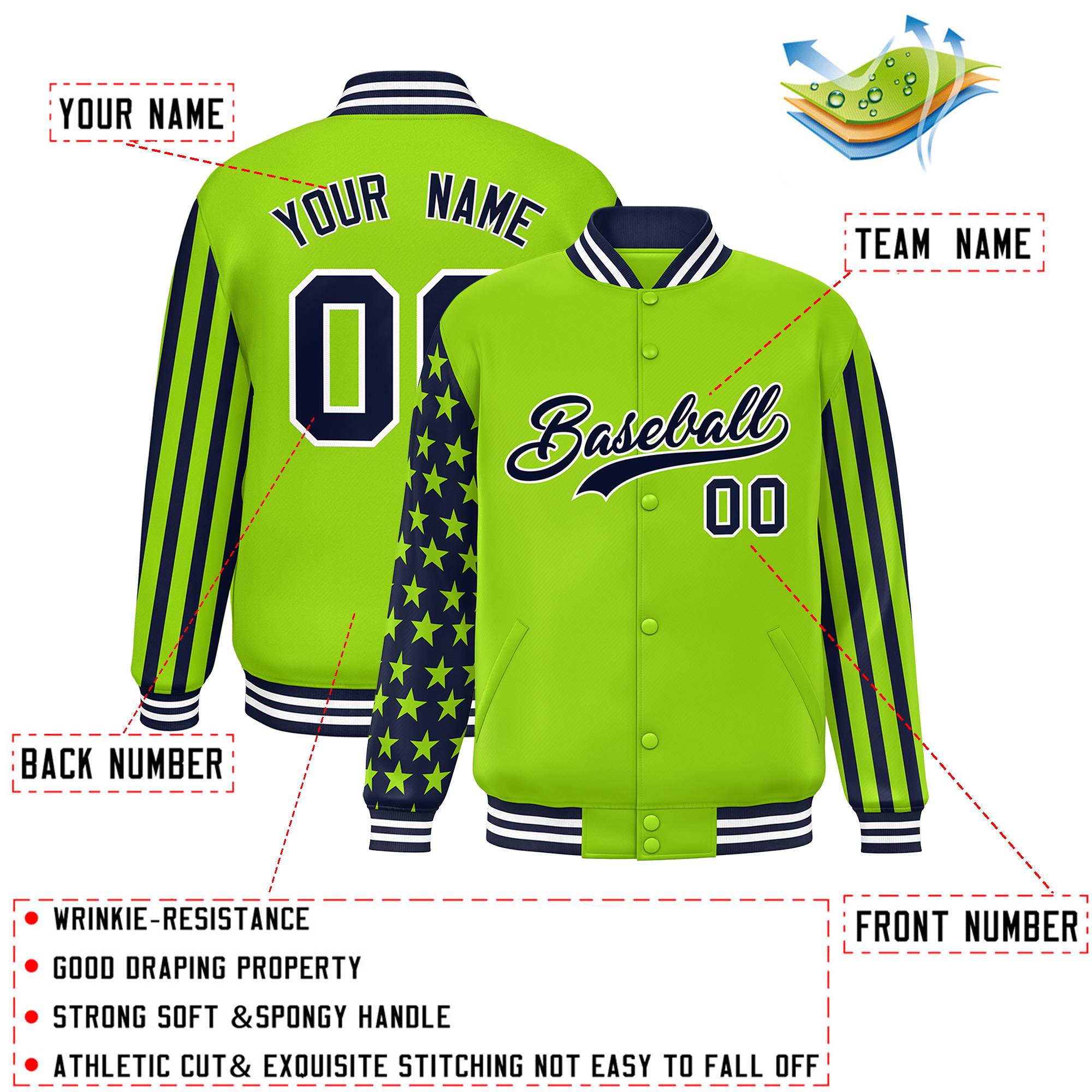 Custom Neon Green American Flag Varsity Full-Snap Authentic Raglan Sleeves Letterman Bomber Jacket