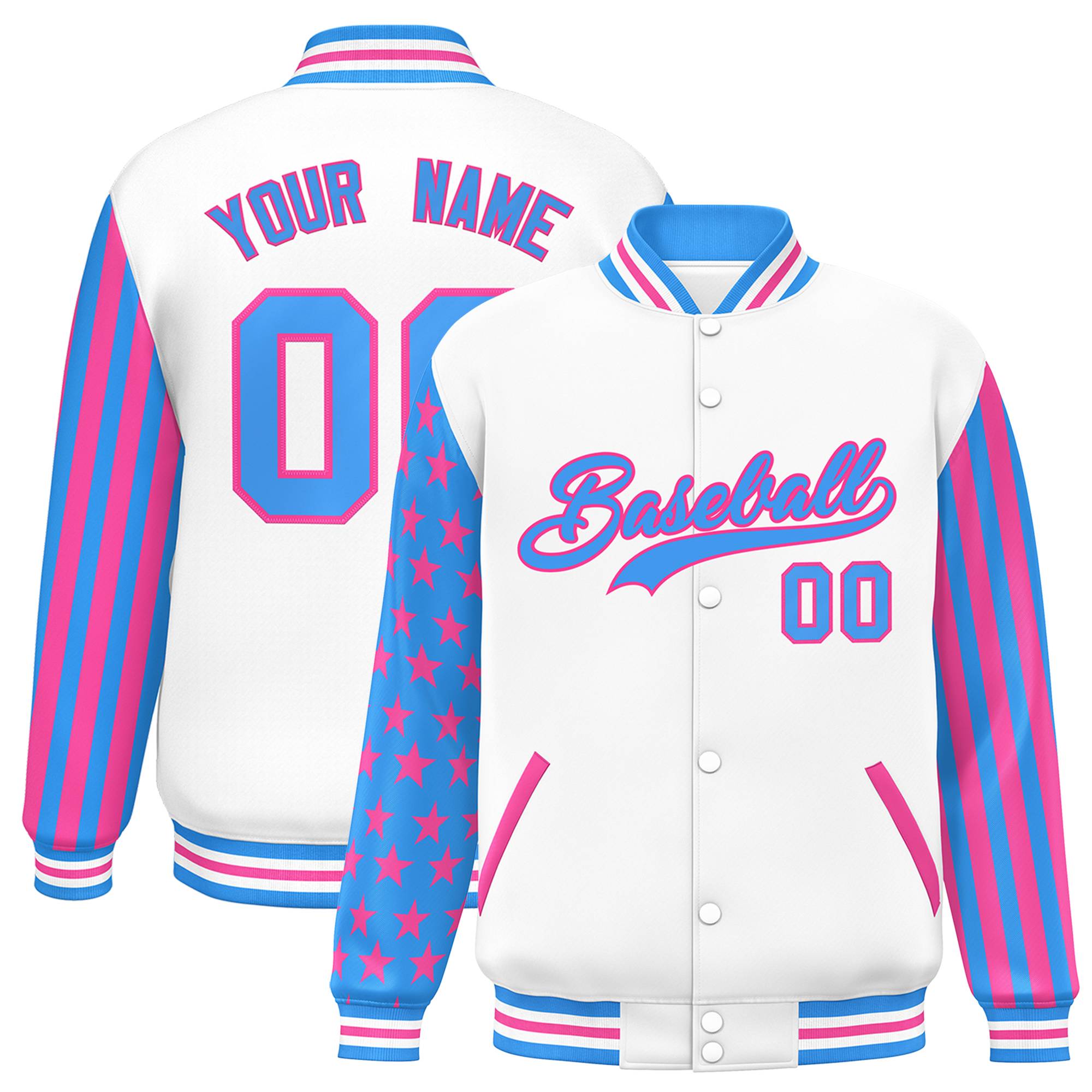 Custom White Powder Blue American Flag Varsity Full-Snap Authentic Raglan Sleeves Letterman Bomber Jacket