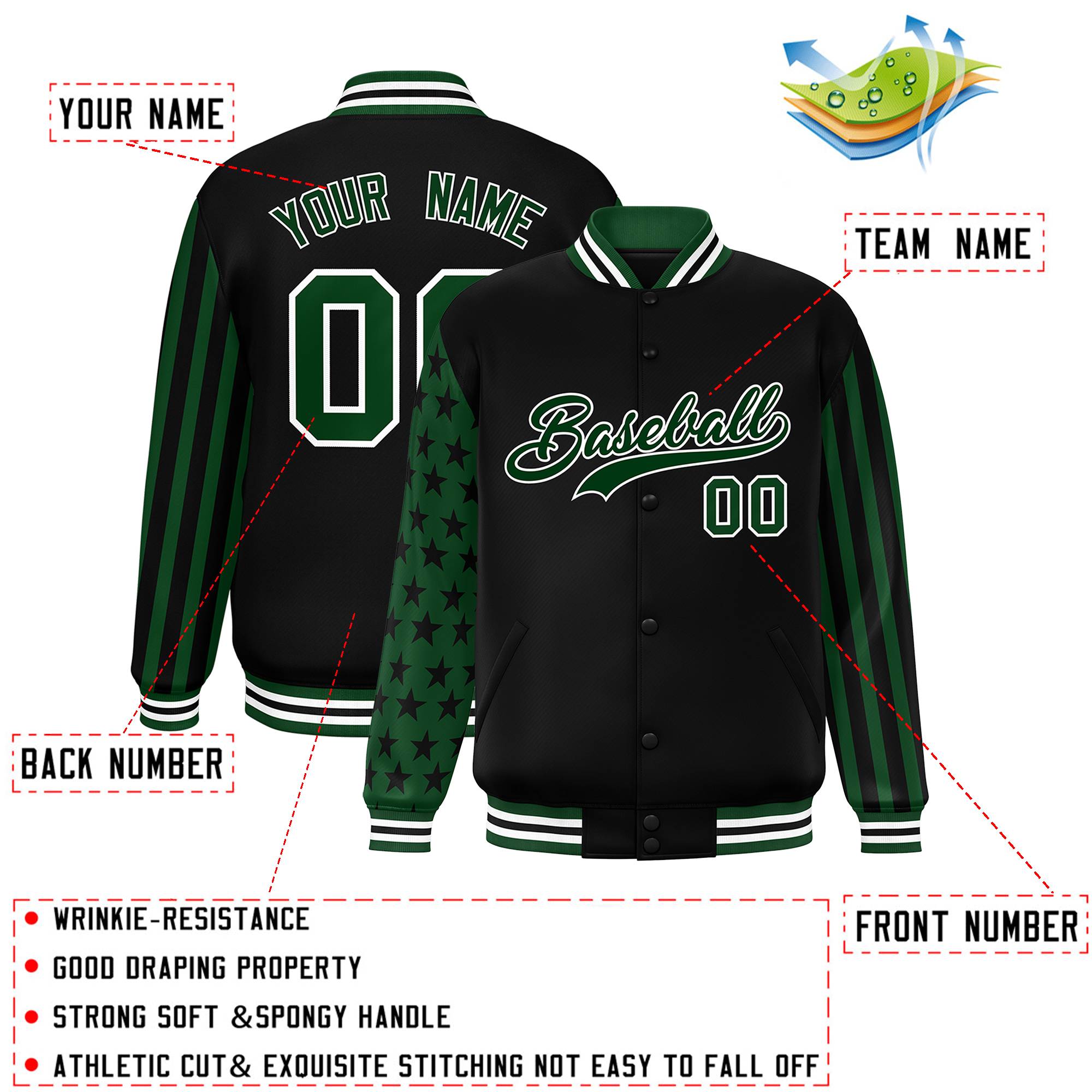 Custom Black Green American Flag Varsity Full-Snap Authentic Raglan Sleeves Letterman Bomber Jacket