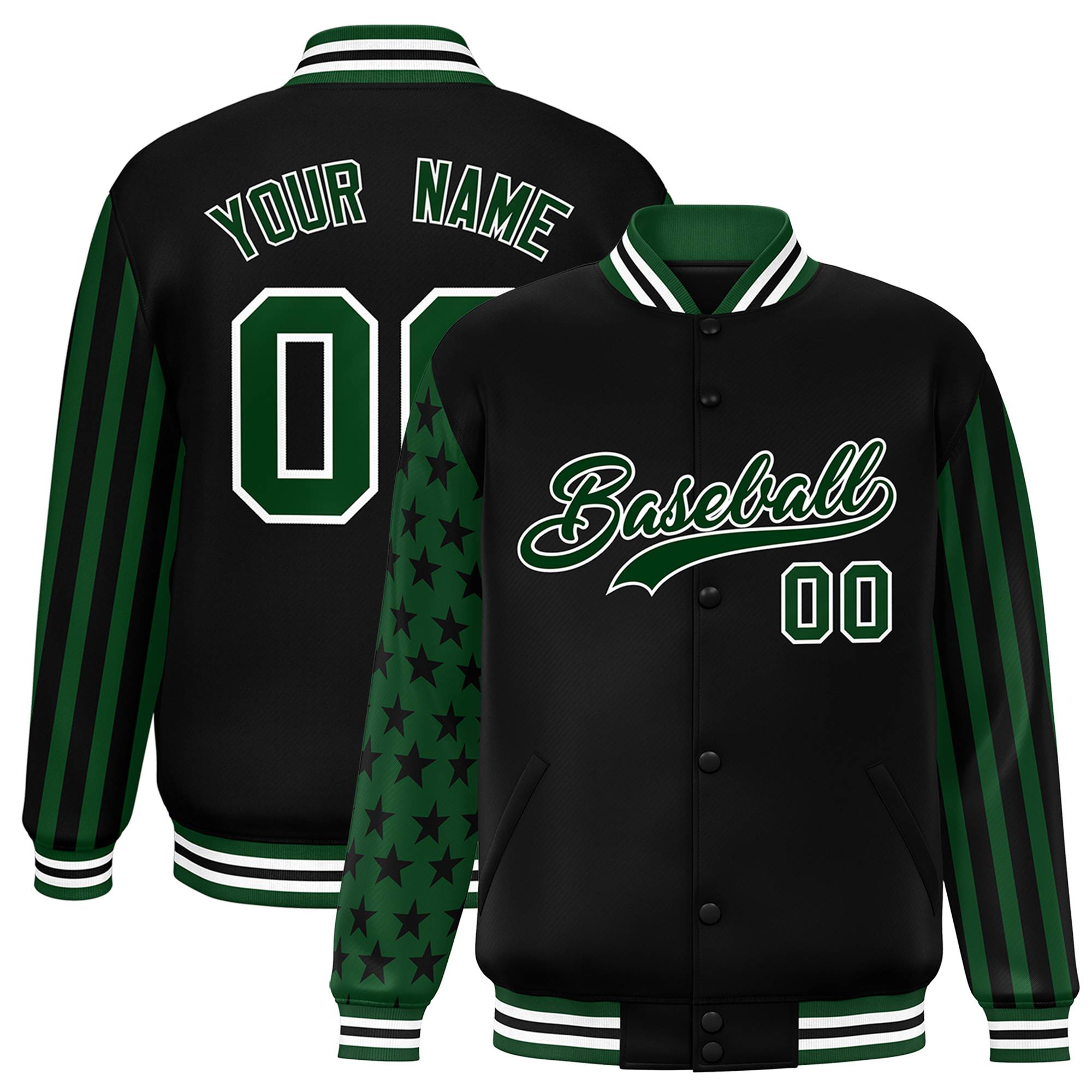 Custom Black Green American Flag Varsity Full-Snap Authentic Raglan Sleeves Letterman Bomber Jacket