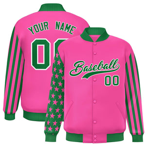 Custom Pink Kelly Green American Flag Varsity Full-Snap Authentic Raglan Sleeves Letterman Bomber Jacket