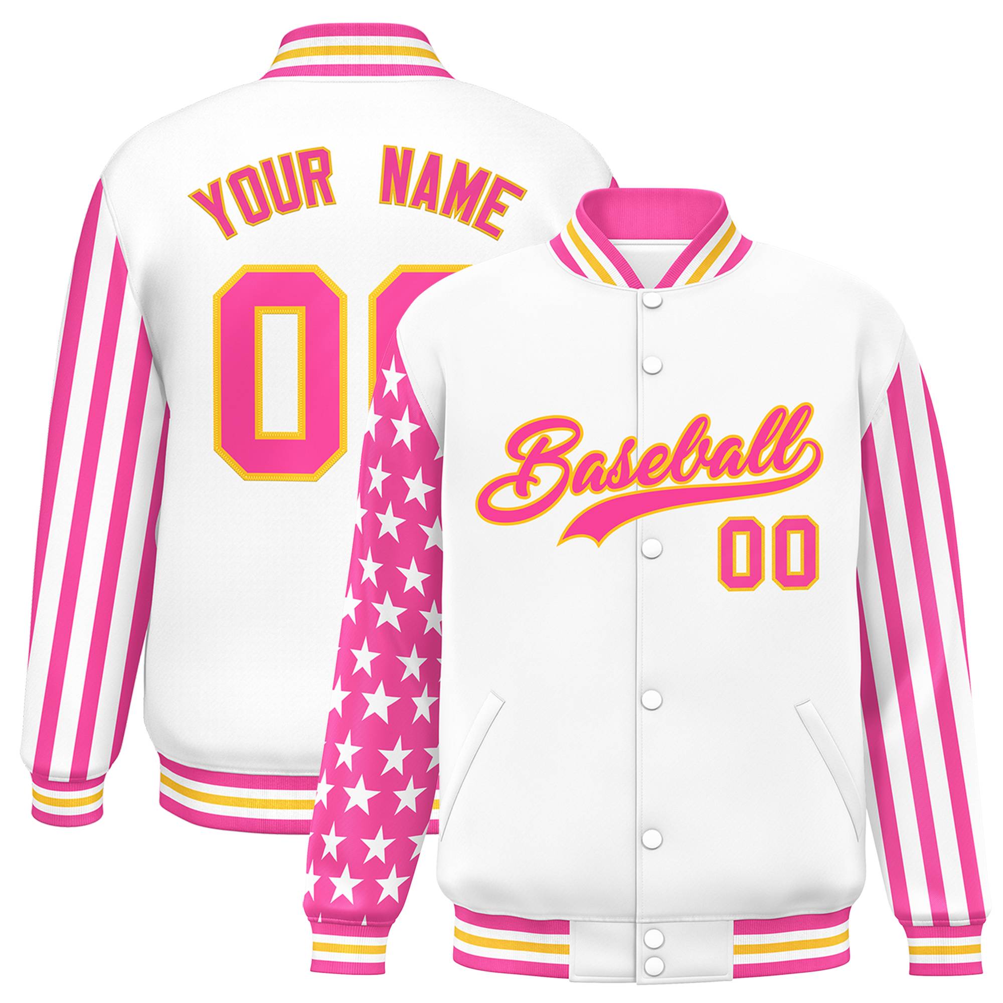 Custom White Pink American Flag Varsity Full-Snap Authentic Raglan Sleeves Letterman Bomber Jacket