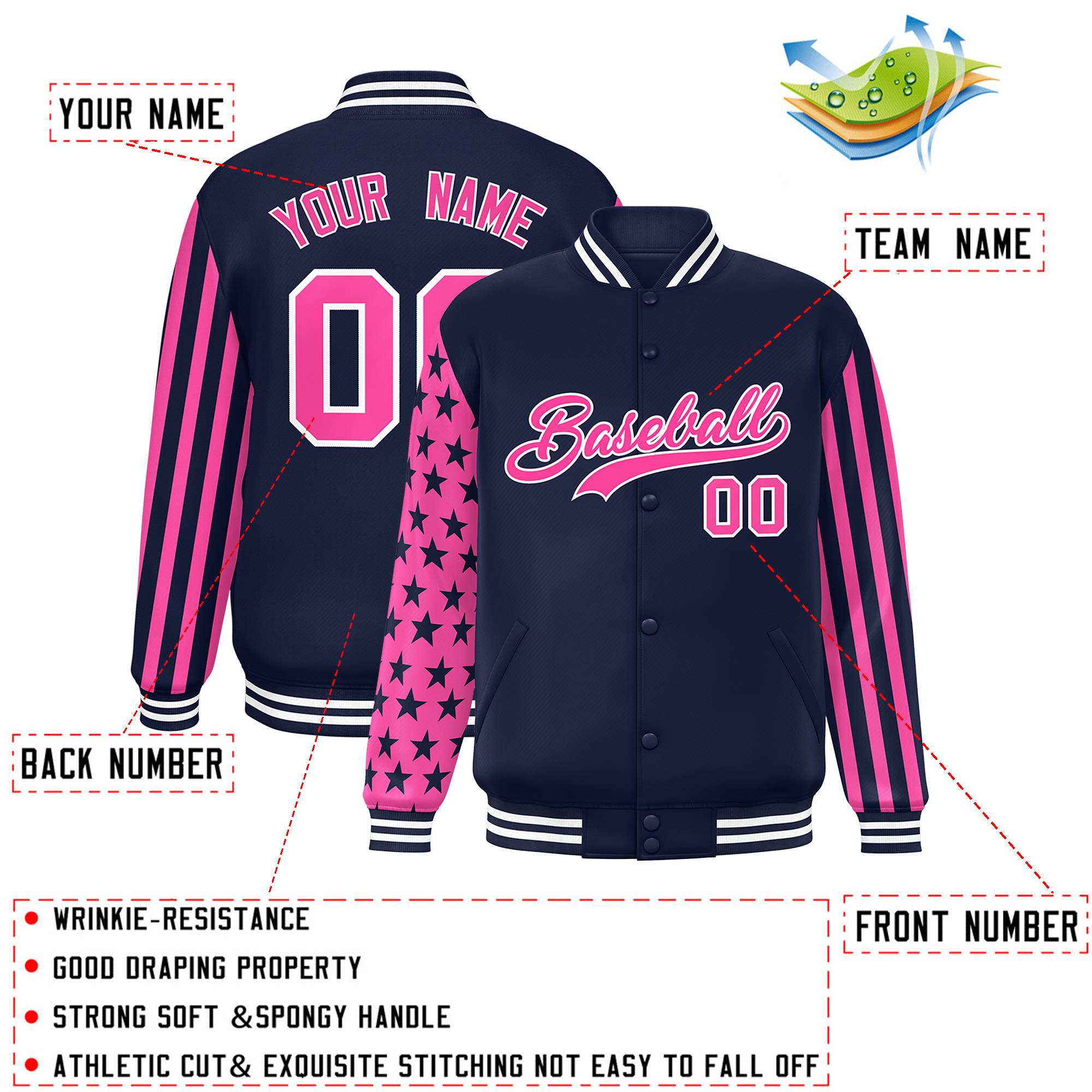 Custom Navy Pink American Flag Varsity Full-Snap Authentic Raglan Sleeves Letterman Bomber Jacket