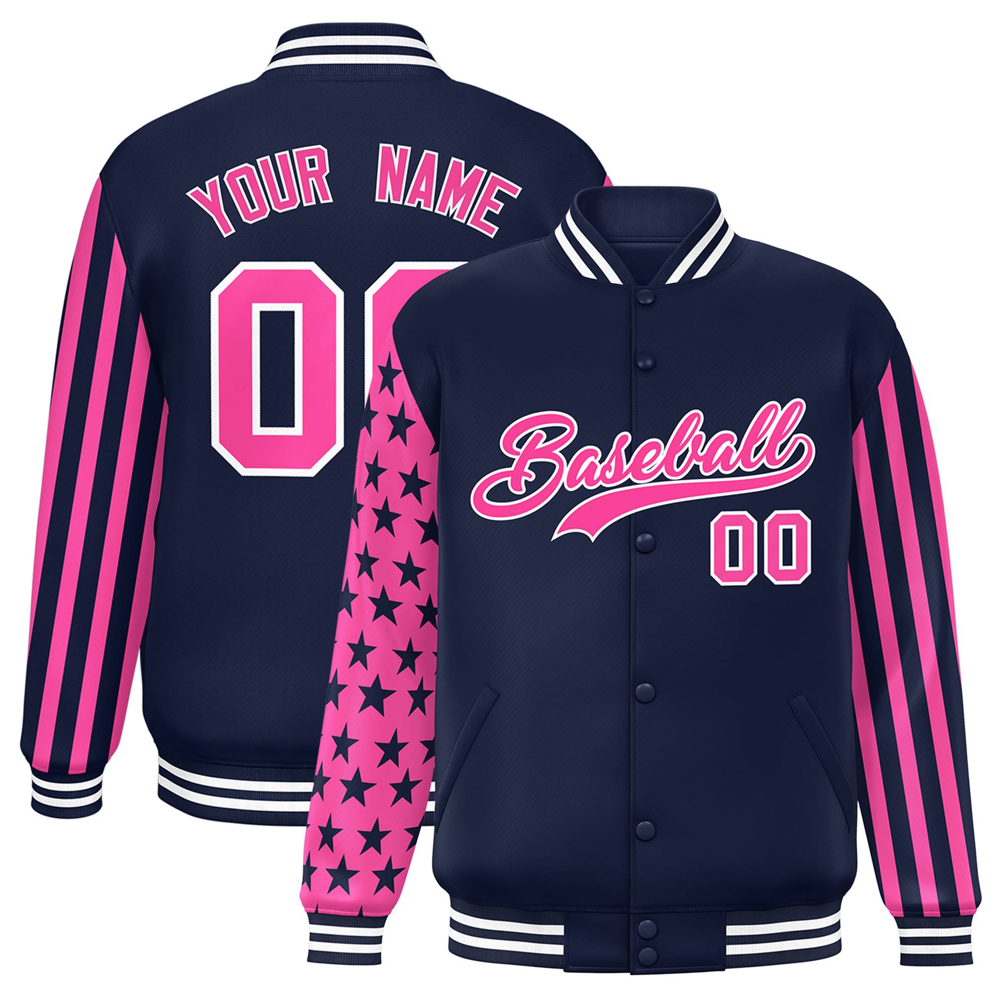 Custom Navy Pink American Flag Varsity Full-Snap Authentic Raglan Sleeves Letterman Bomber Jacket