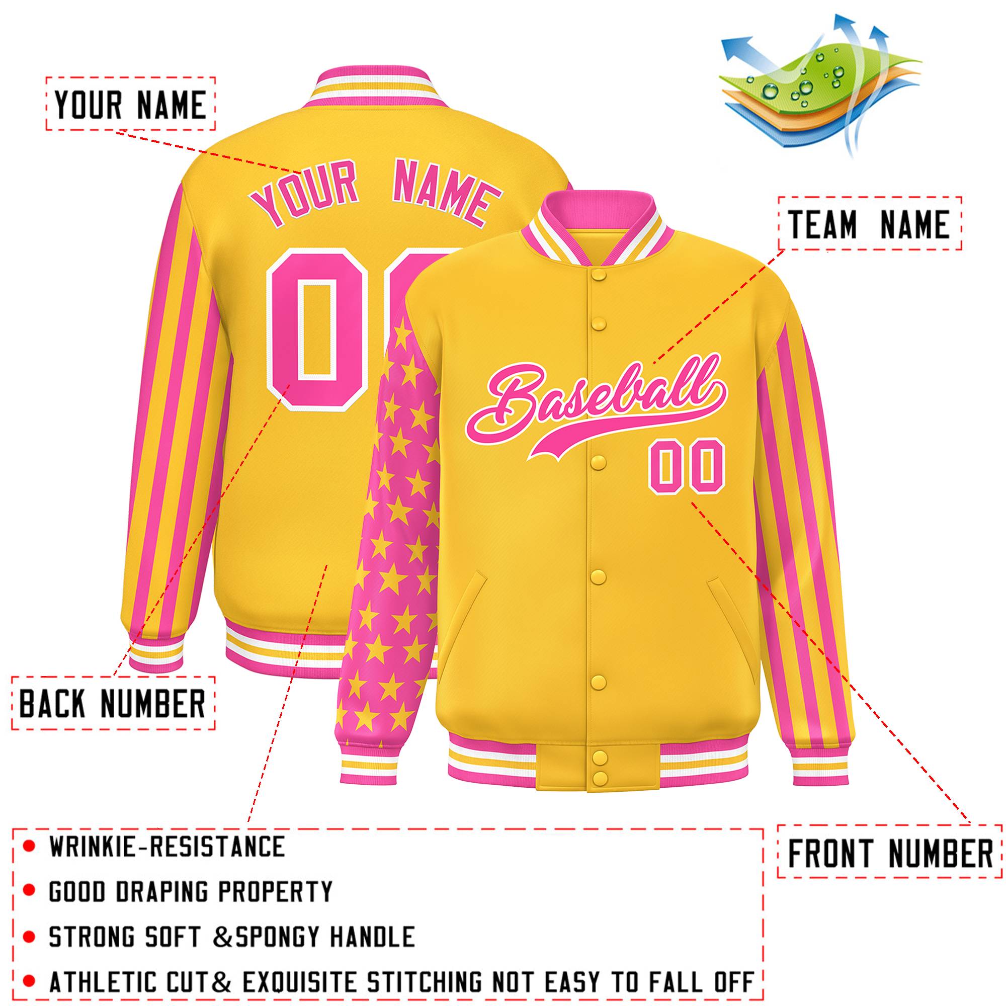 Custom Gold Pink American Flag Varsity Full-Snap Authentic Raglan Sleeves Letterman Bomber Jacket