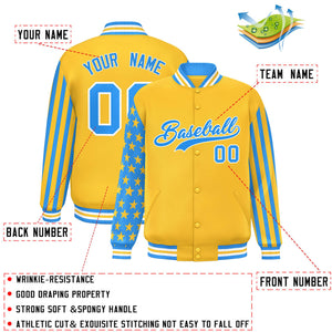 Custom Gold Powder Blue American Flag Varsity Full-Snap Authentic Raglan Sleeves Letterman Bomber Jacket