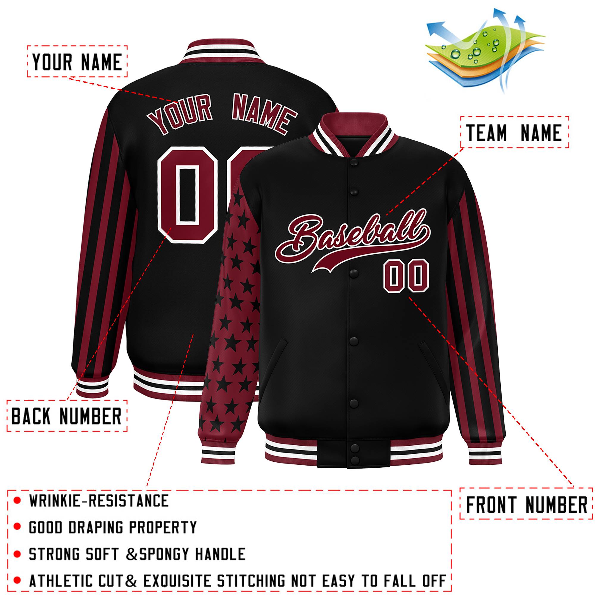 Custom Black Crimson American Flag Varsity Full-Snap Authentic Raglan Sleeves Letterman Bomber Jacket