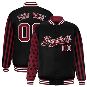 Custom Black Crimson American Flag Varsity Full-Snap Authentic Raglan Sleeves Letterman Bomber Jacket