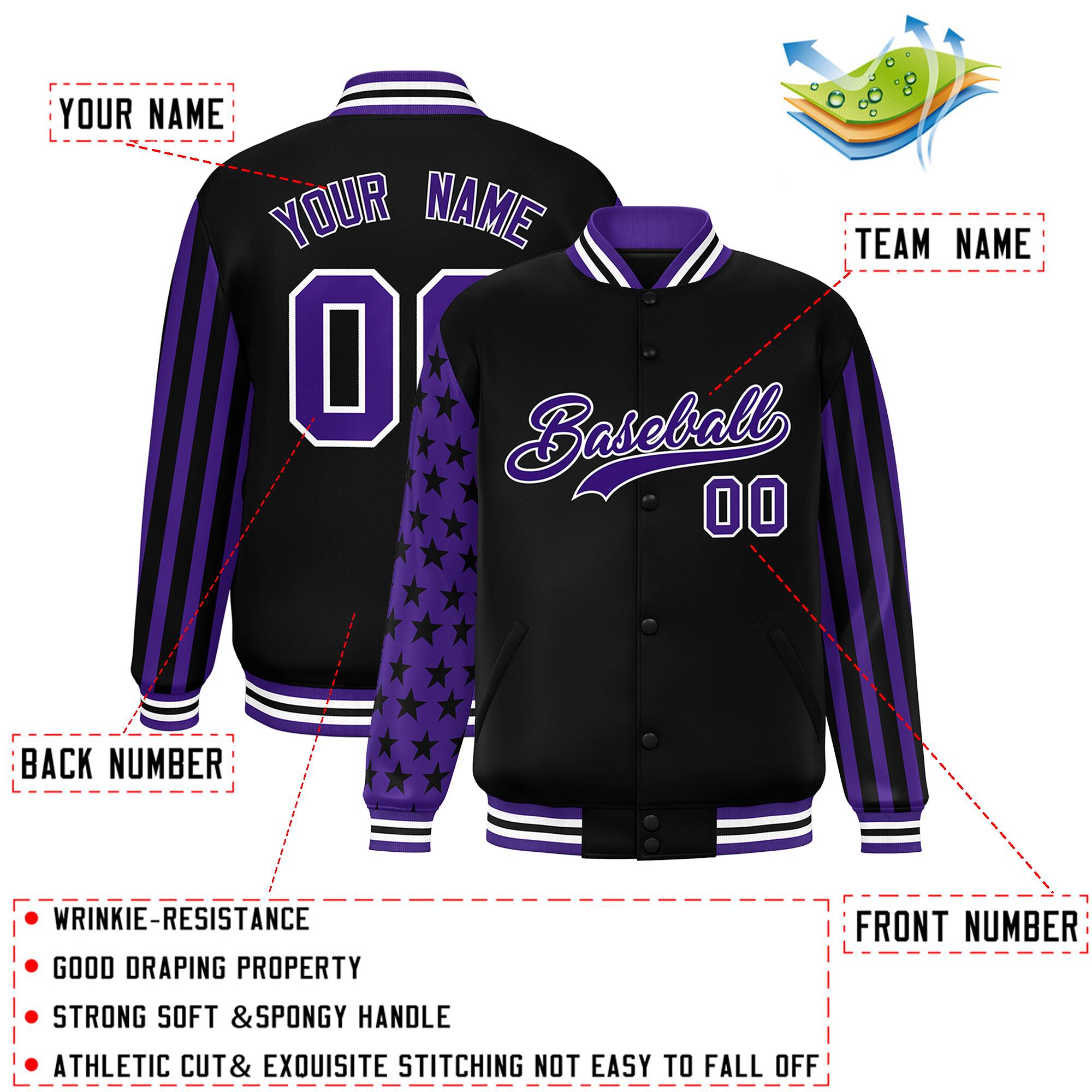 Custom Black Purple American Flag Varsity Full-Snap Authentic Raglan Sleeves Letterman Bomber Jacket