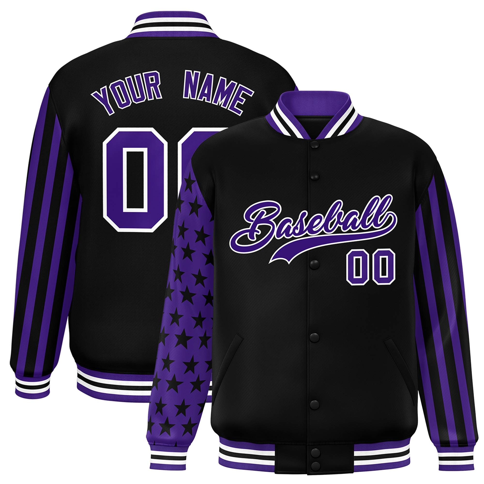 Custom Black Purple American Flag Varsity Full-Snap Authentic Raglan Sleeves Letterman Bomber Jacket