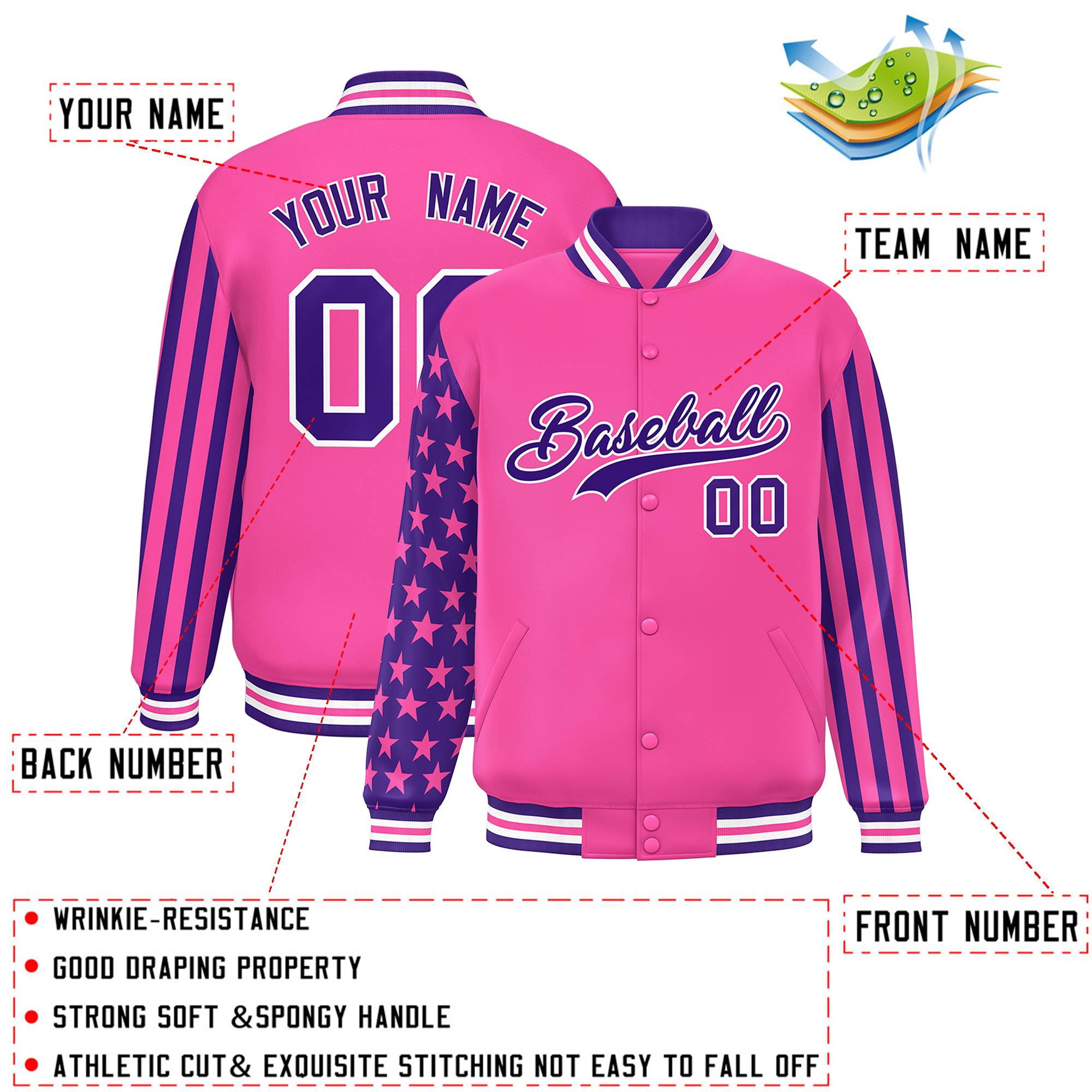 Custom Pink Purple American Flag Varsity Full-Snap Authentic Raglan Sleeves Letterman Bomber Jacket